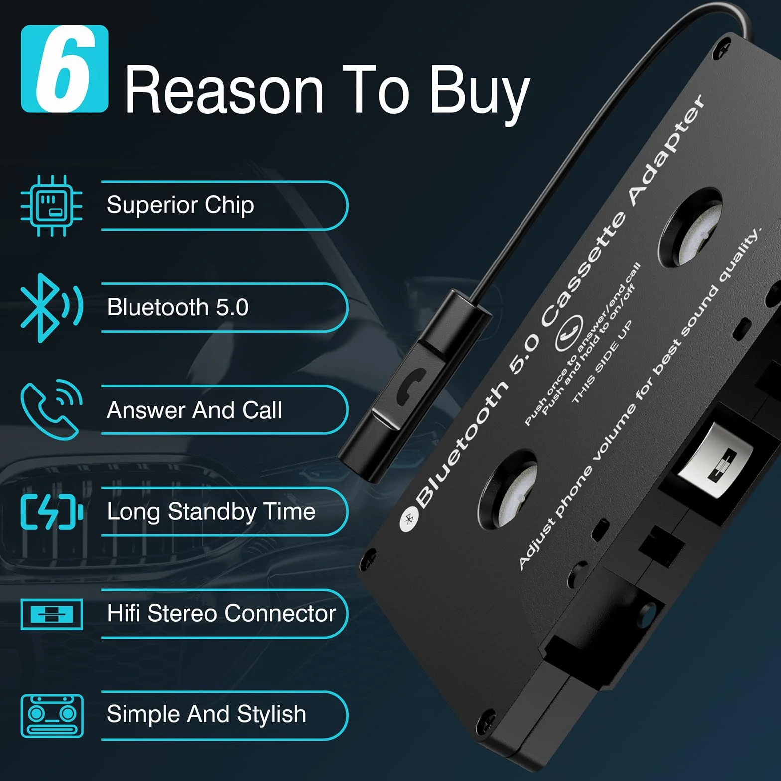 Adapter kasetowy aux samochodowy Bluetooth 5.0 audio z kasety na AUX z mikrofonem/przyciskiem sterowania zdalnego