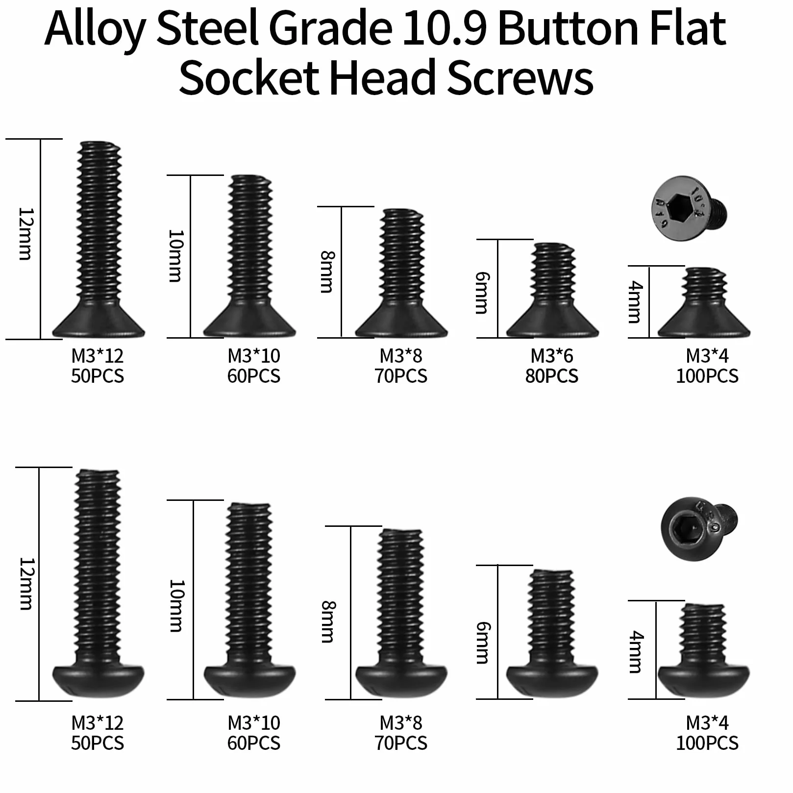 Śruby z łbem stożkowym M3 z łbem stożkowym z łbem sześciokątnym do drukarek 3D, maszyn metrycznych, czarne, 4 mm/6 mm/8 mm/10 mm/12 mm, czarne