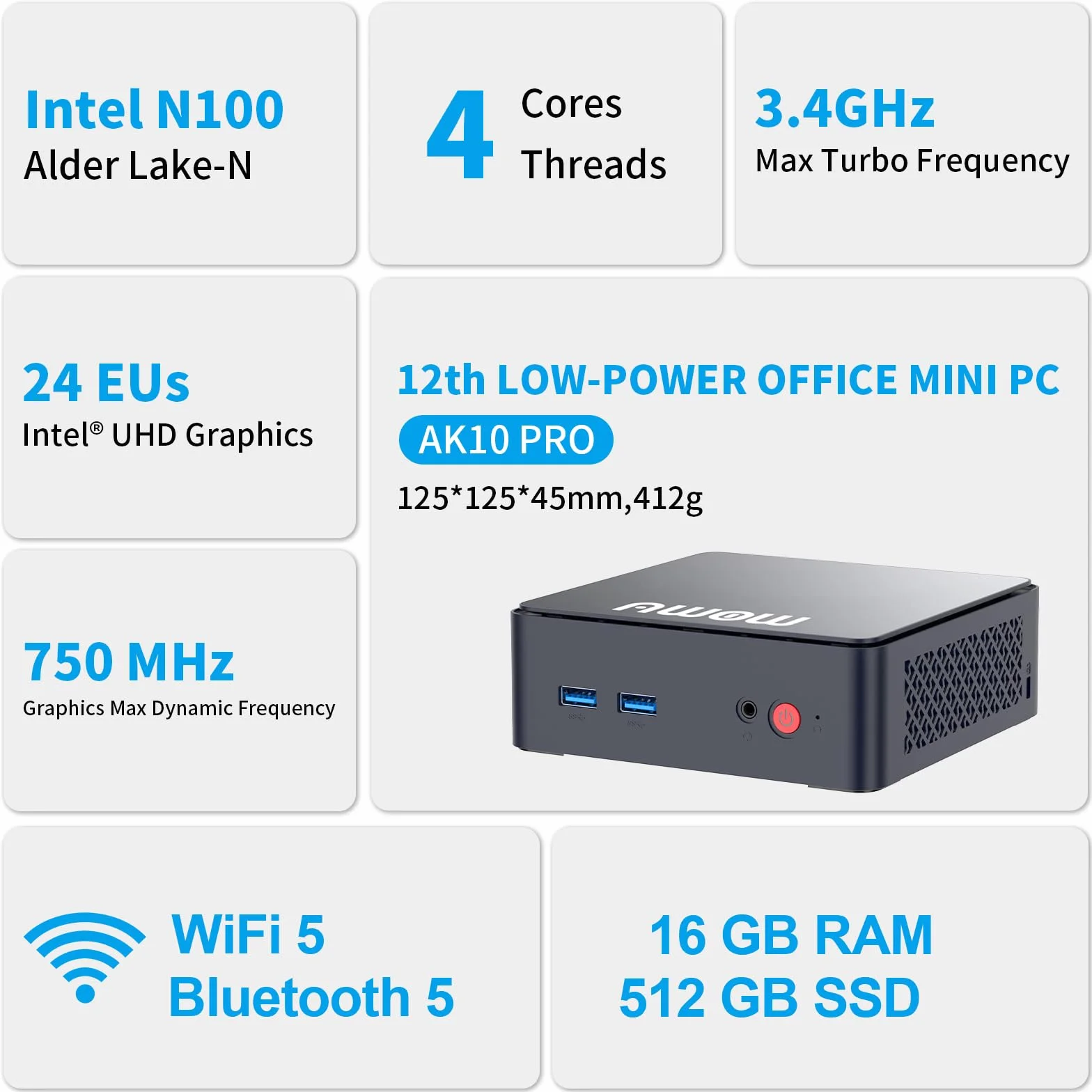 Mini PC Intel N100 16GB DDR4 512GB SSD 4K Dual Display WiFi 5 BT5.2 Gigabit Ethernet