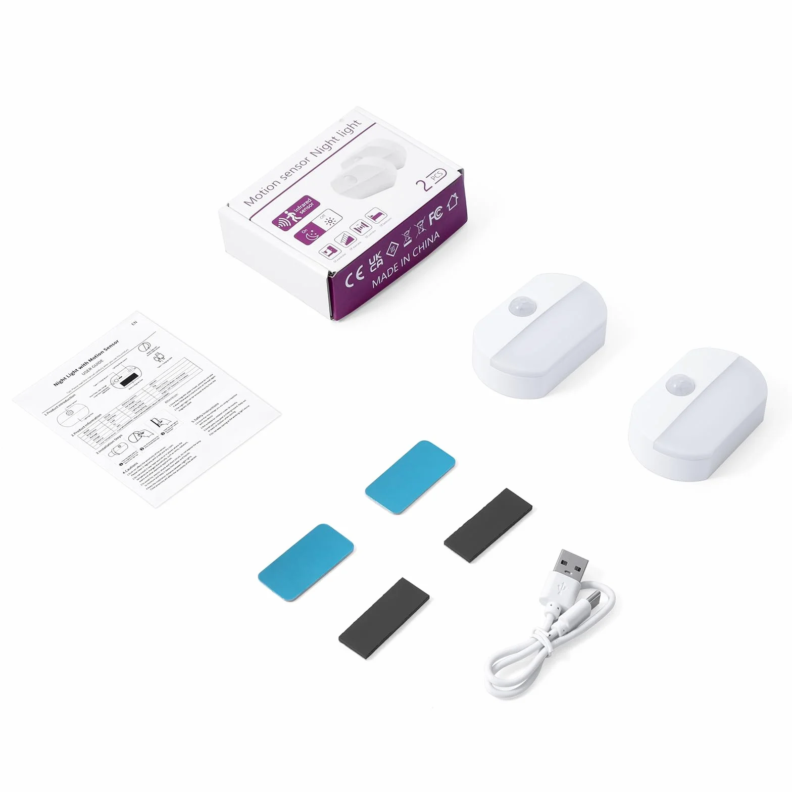 Lampka nocna z czujnikiem ruchu, 2 sztuki LED typu C z 3 trybami (AUTO/OFF/ON), 3 regulowane temperatury barwowe (6000K-4000K-3000K), lampka nocna dla dzieci do sypialni
