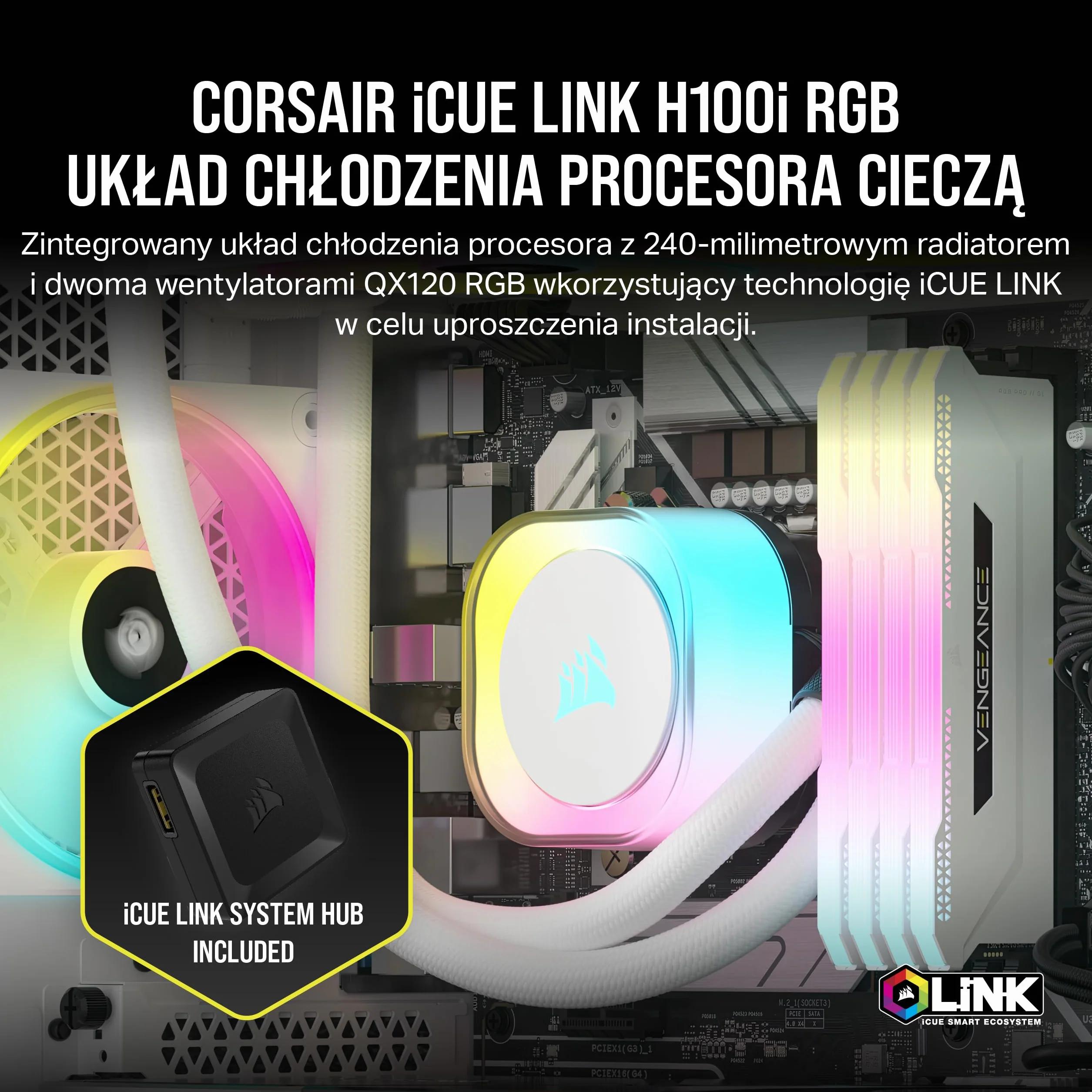 CORSAIR iCUE LINK H100i RGB Chłodzenie Procesora Cieczą - 240 mm AIO - Wentylatory QX120 RGB - Pasuje do Intel® LGA 1700, AMD® AM5 - W Zestawie Koncentrator Systemowy iCUE LINK - Biały