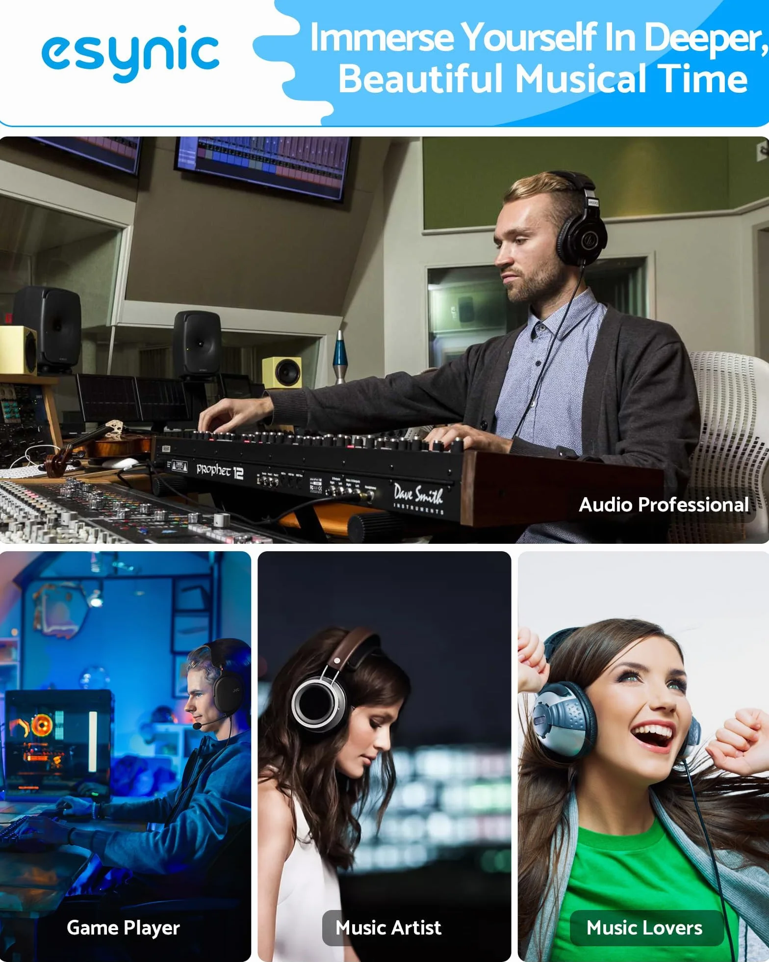 eSynic Przenośny wzmacniacz słuchawkowy, akumulator audio, cyfrowy wzmacniacz słuchawkowy HiFi, 3,5 mm, z dwustopniowym przełącznikiem wzmocnienia, kablem USB i aluminiową matową powierzchnią do