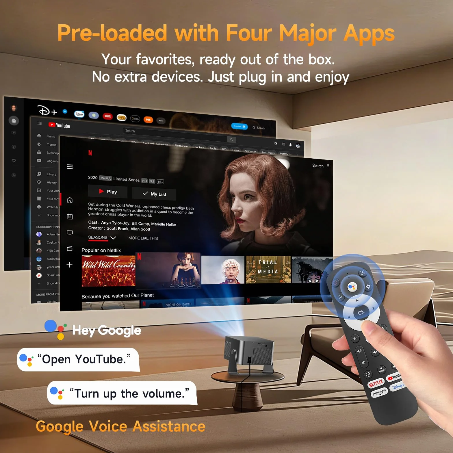 Projektor 4K z Google TV, Full HD 1080p, Bluetooth, WiFi, autofokus, korekcja trapezu, mini projektor kina domowego
