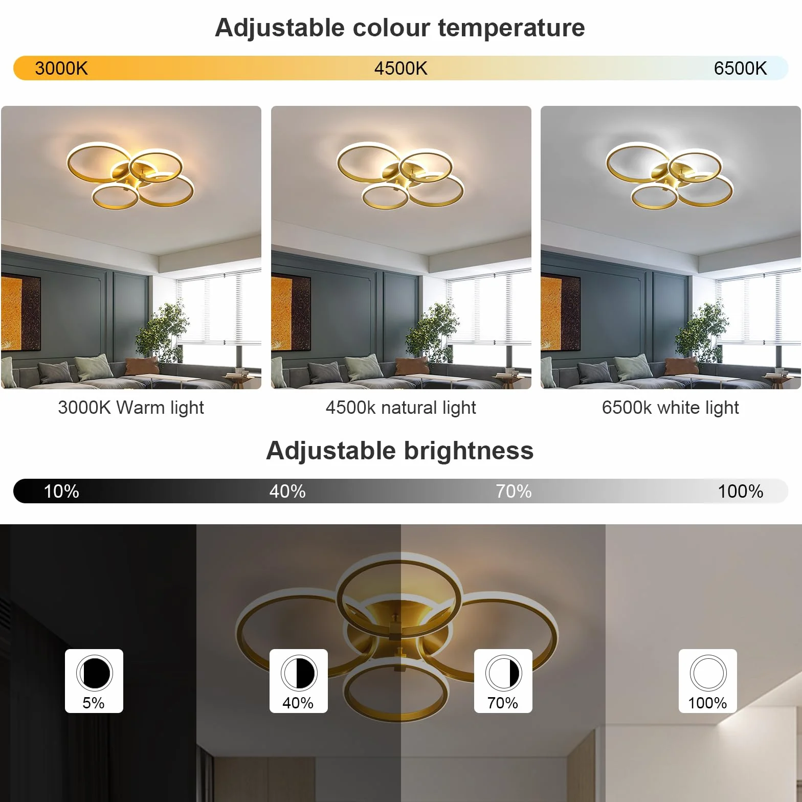 Comely Regulowany Plafon LED, 36W Nowoczesna Oprawa Sufitowa Z Pilotem/3000K-6500K, 4 Pierścienie Okrągła Złota Lampa Sufitowa Do Salonu Sypialni Jadalni, 69 CM