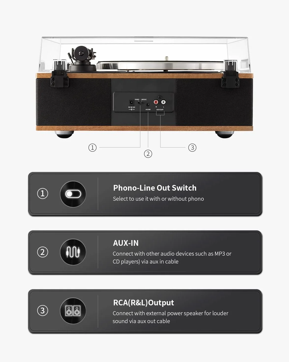 Gramofon ANGELS HORN z wbudowanymi głośnikami Bluetooth HiFi, przedwzmacniacz fonograficzny 33/45 obr./min, głowica AT-3600L