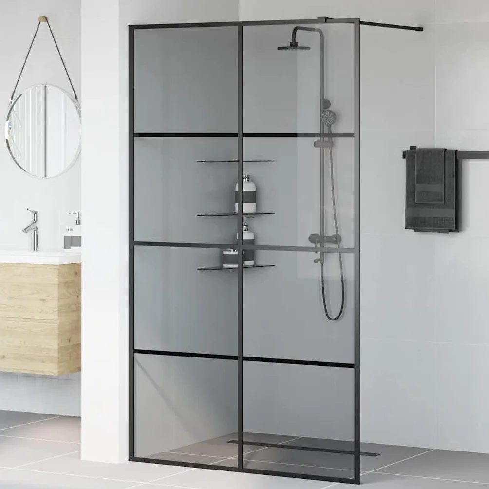 Ścianka prysznicowa Walk-in czarna, 115 x 195 cm, szkło hartowane, rama aluminiowa, ochrona przed rozpryskiwaniem, bez barier, nie zajmuje dużo miejsca, bez ramy, do nowoczesnej łazienki