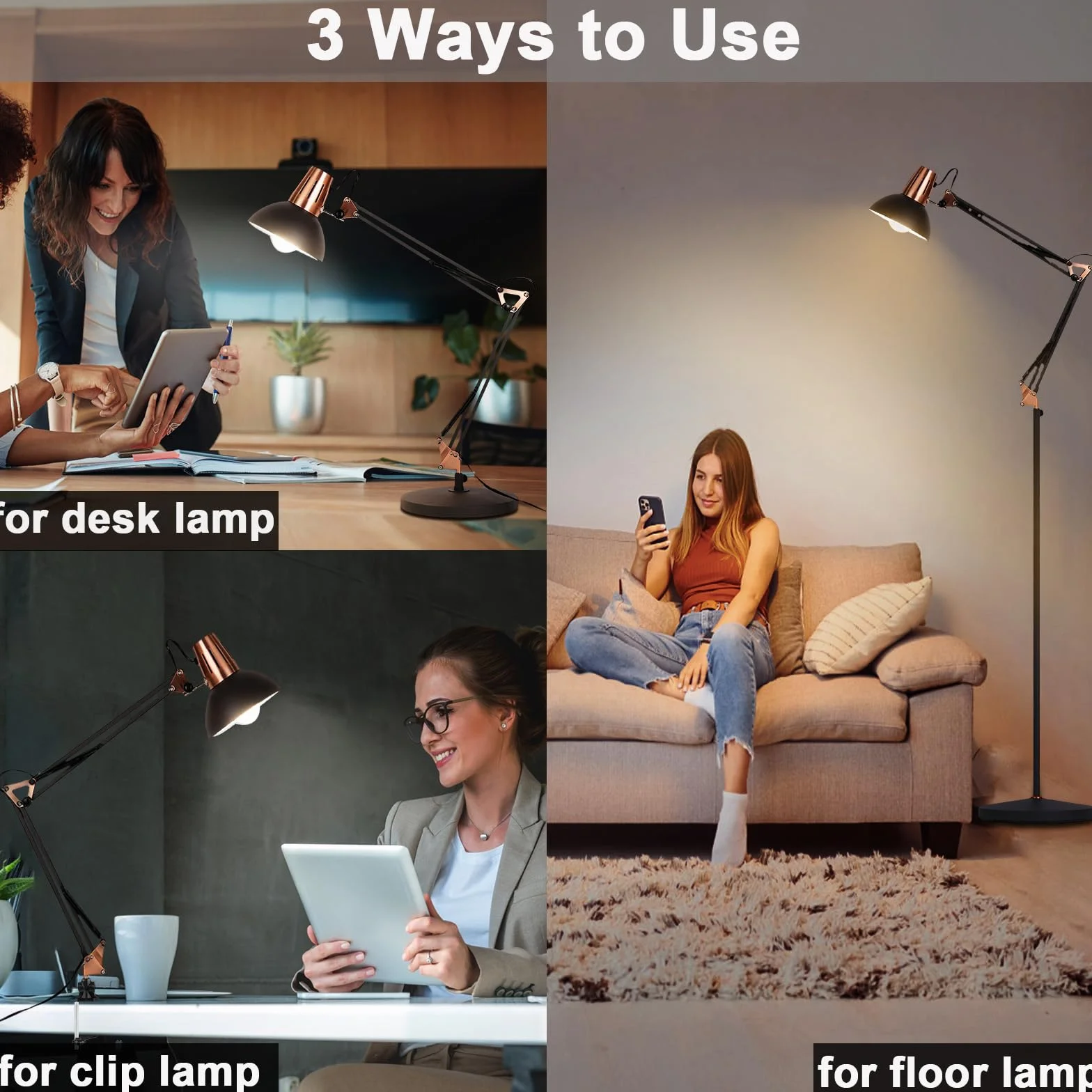 FIRVRE Lampa stojąca LED, retro, metalowa, wychylna lampa stojąca, 3 tryby użytkowania – lampa stojąca, lampa biurkowa z klipsem, E27, lampa do czytania architektów, z przełącznikiem ciśnieniowym, do