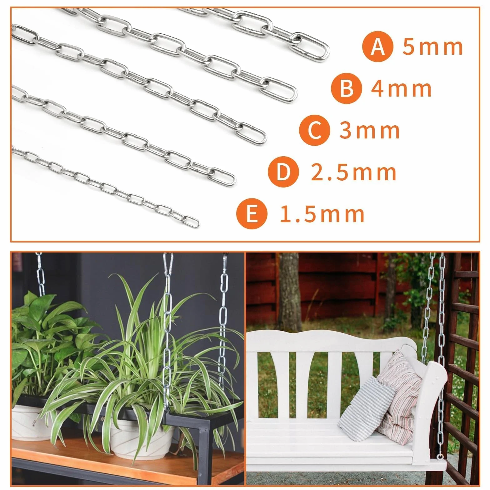 SWTYExt Łańcuch ze stali nierdzewnej 304, 3 mm, 2 m, wytrzymałe metalowe ogniwo z karabińczykiem do kłódki do bramy, huśtawka wisząca, zamek rowerowy i ochrona zwierząt domowych