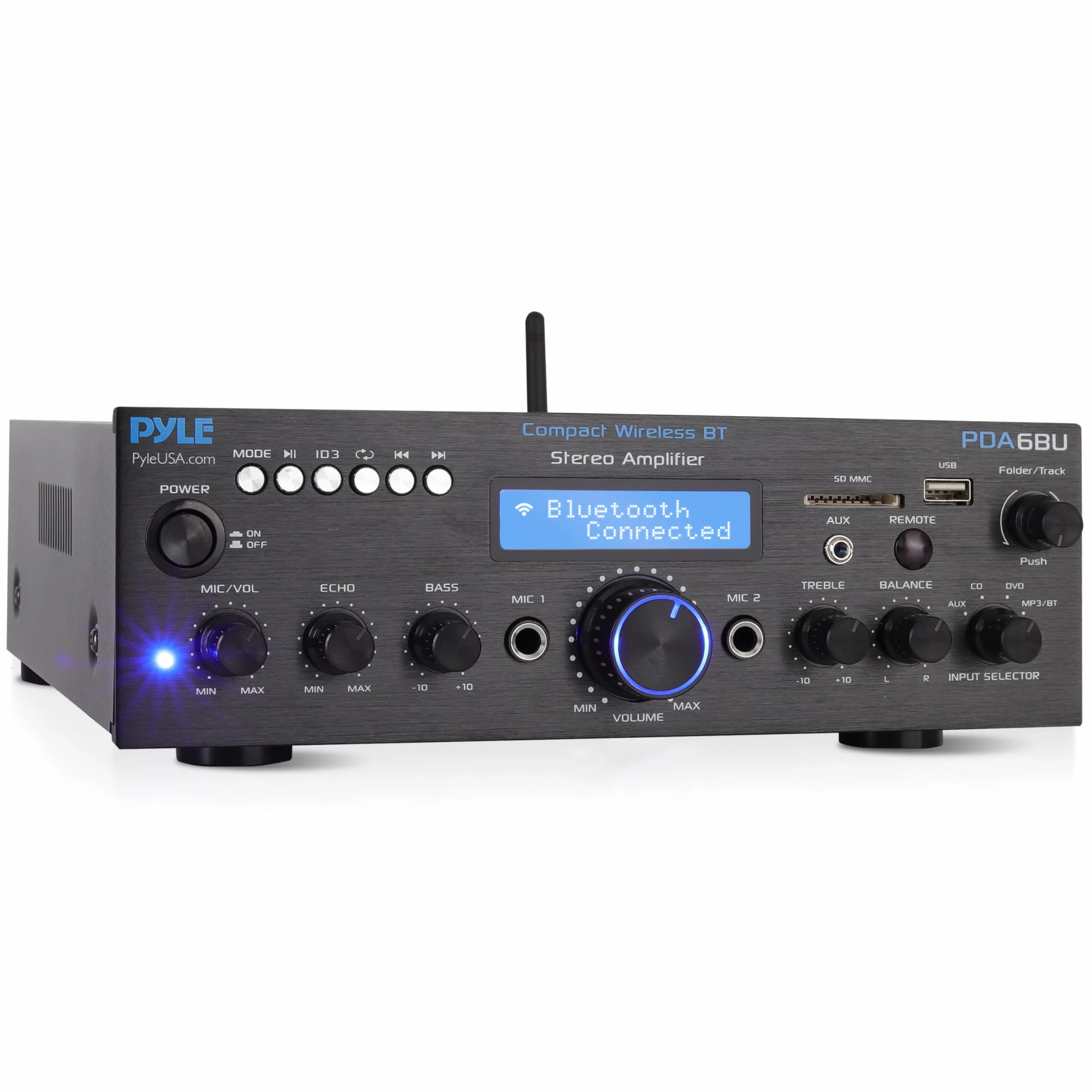 Pyle PDA6BU 200W Dual Channel Bluetooth Power Amplifier System w/ USB SD AUX MIC Echo Radio LCD