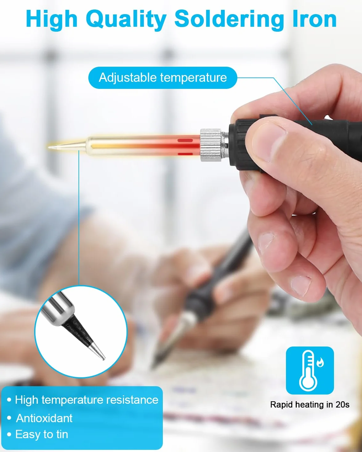 Zestaw lutownicy​, 80 W LCD lutownica z regulacją temperatury 180-480°C z pompą rozlutowującą, drutem lutowniczym, 5 grotami lutowniczymi, stojakiem do lutownicy, zestaw do lutowania do prac