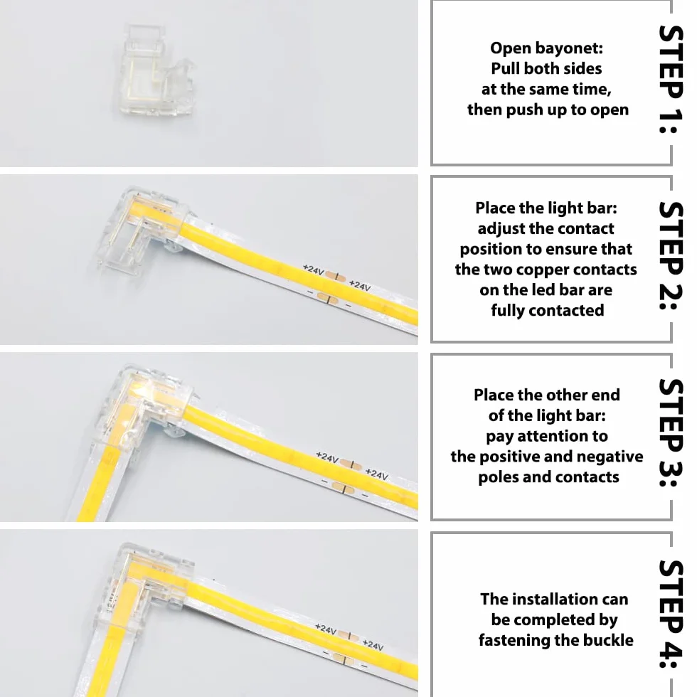 Arotelicht Zestaw Złączy Do Taśm COB LED 12V 24V, Szerokość 8mm, 6 Szt. Konektory Środkowe Przezroczyste, 4 Szt. Kształt L