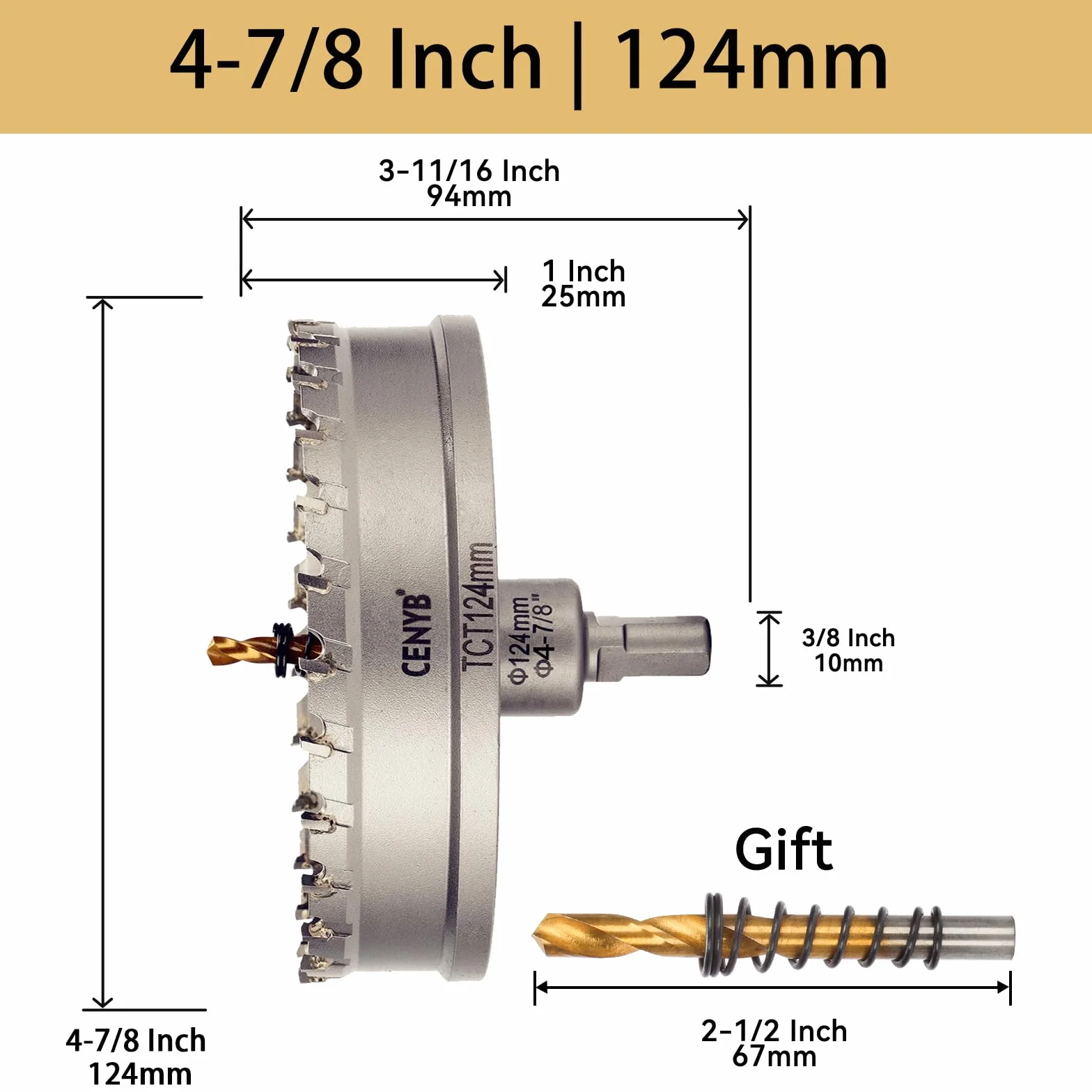 4-7/8" (124 mm) otwornica z węglika wolframu z 2 szt. tytanowych wierteł pilotowych do twardego metalu, stali nierdzewnej, żelaza, stopu aluminium, drewna i tworzywa sztucznego