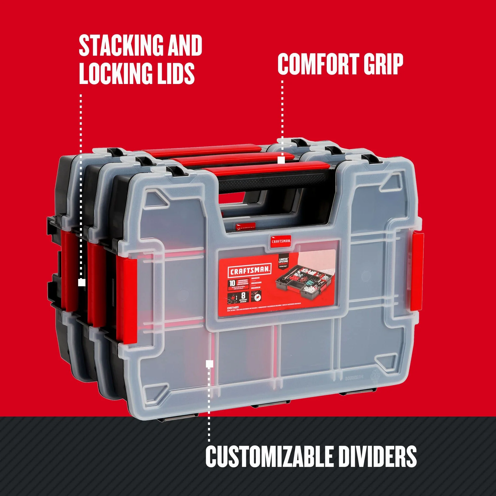 CRAFTSMAN 3-pak 10-komorowy plastikowy organizer na małe części (CMST60964M)