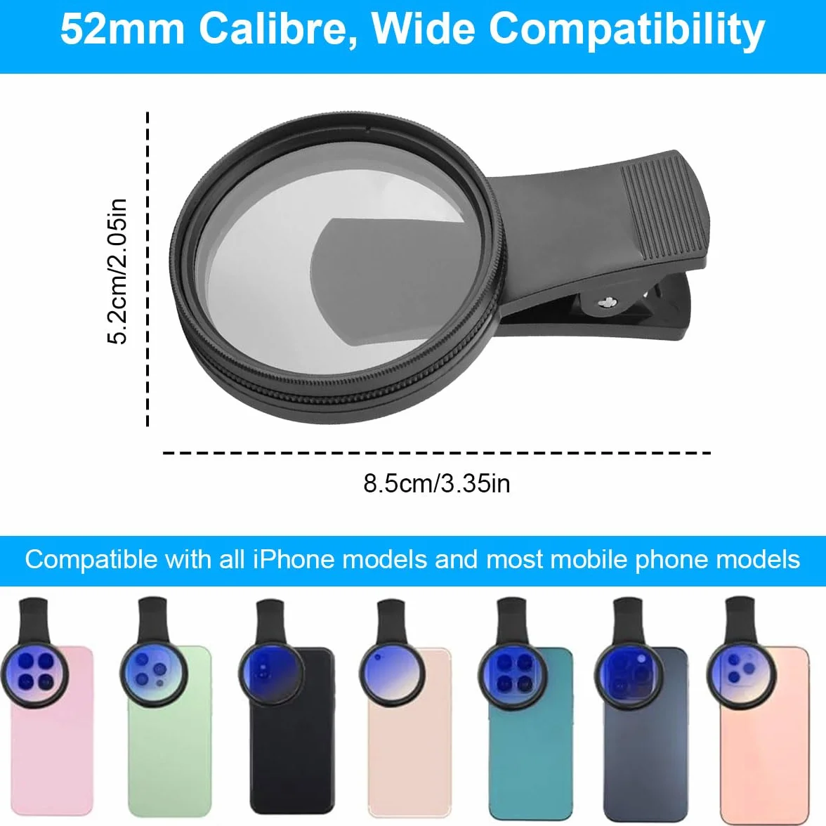 Filtr CPL 52 mm do telefonu komórkowego, okrągły filtr polaryzacyjny CPL zestaw obiektywów do telefonu komórkowego, obrotowy filtr obiektywu do telefonu komórkowego, kompatybilny z iPhone 16/15/14/13