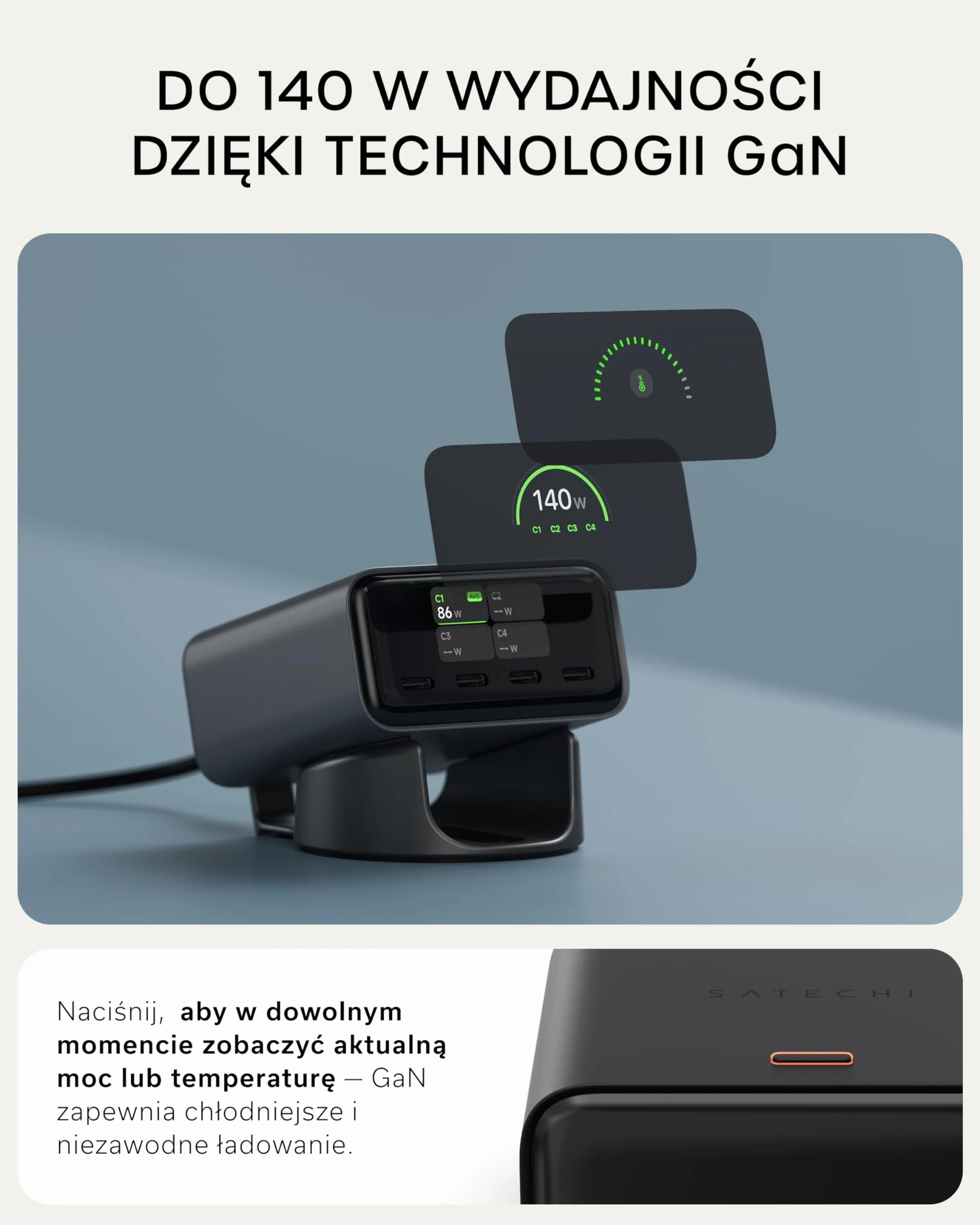 SATECHI ChargeView Ładowarka Biurkowa 140W Stacja Ładowania GaN z Wyświetlaczem Mocy Cztery Porty USB-C Kosmiczna Czerń