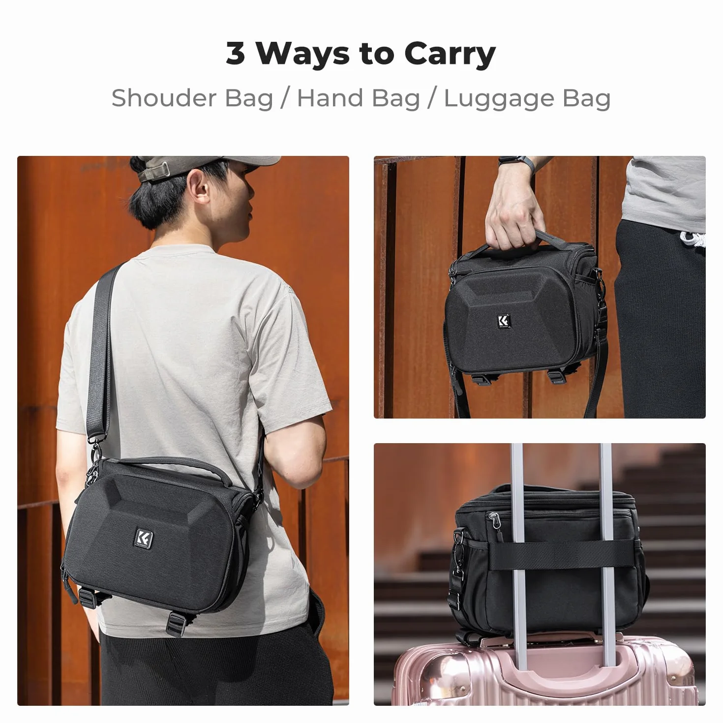 K&F CONCEPT Torba na aparat fotograficzny, mały plecak na lustrzankę, torba na ramię z uchwytem na statyw, czarny