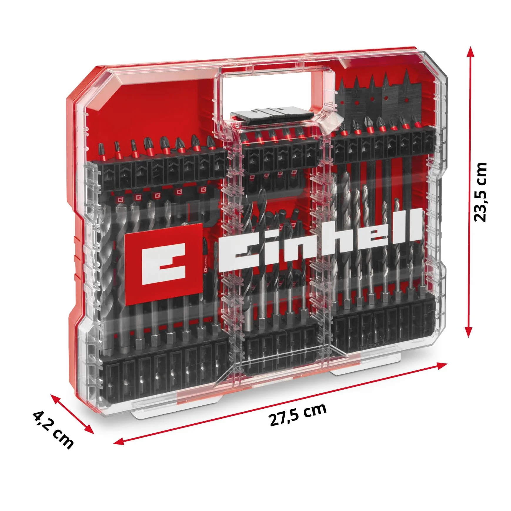 Oryginalny Einhell XL-CASE 95-częściowy zestaw bitów i wierteł odpornych na uderzenia (bity, różne wiertła, uchwyt do bitów, klucz nasadowy, pogłębiacz, ogranicznik wiertła, klucz pinowy wraz z
