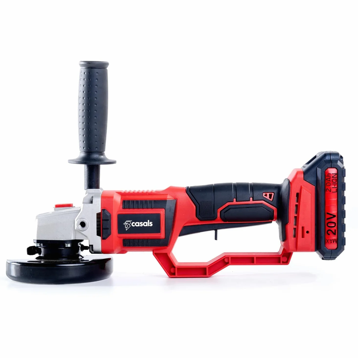 Casals - Bezprzewodowa szlifierka kątowa 20 V | 2,0 Ah litowo-jonowa | 7000 obr./min | Ø tarcza 115 mm | 2-pozycyjna ergonomiczna gumowa rączka | podwójne bezpieczeństwo | wymienny akumulator | silnik