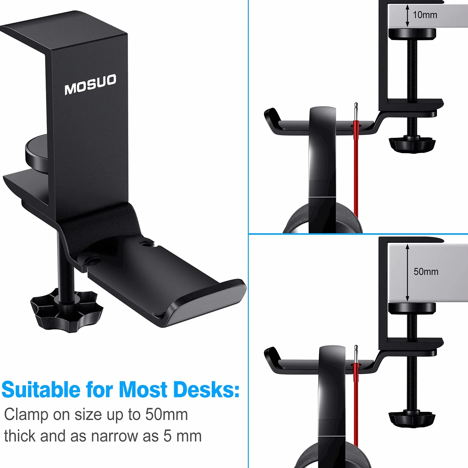 MOSUO Regulowany uchwyt na słuchawki, uchwyt na biurko, zestaw słuchawkowy obracany o 360 stopni, aluminiowy uchwyt na słuchawki, stojak na słuchawki Bluetooth, stojak na słuchawki gamingowe, czarny