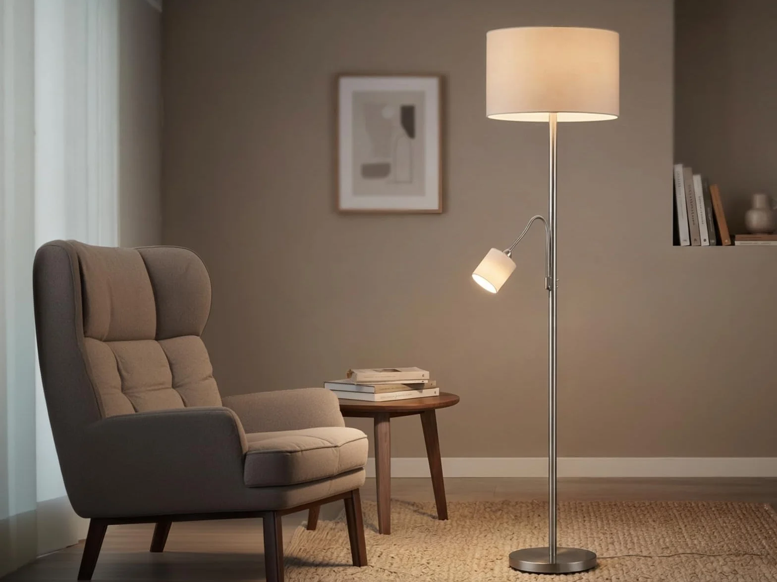 Klasyczna lampa stojąca LED z lampką do czytania i abażurami materiałowymi w kolorze białym wysokość 170 cm – ponadczasowe, eleganckie oświetlenie postojowe