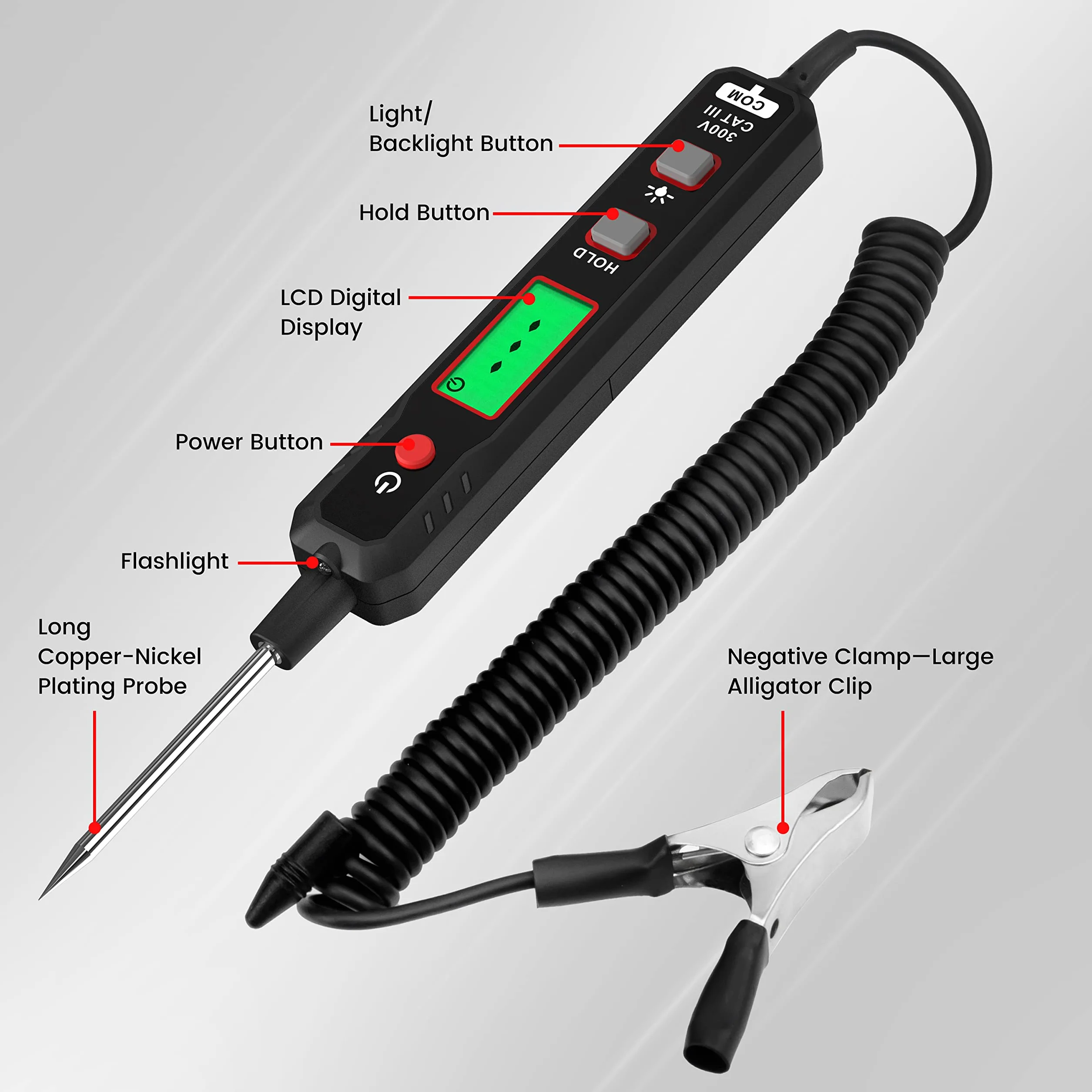 KAIWEETS Inteligentny tester napięcia w samochodzie, tester napięcia 0.8V-100V DC z podświetleniem, cyfrowa lampa testowa samochodu z latarką mierzy ciągłość biegunowości, lampa testowa do akumulatora samochodowego