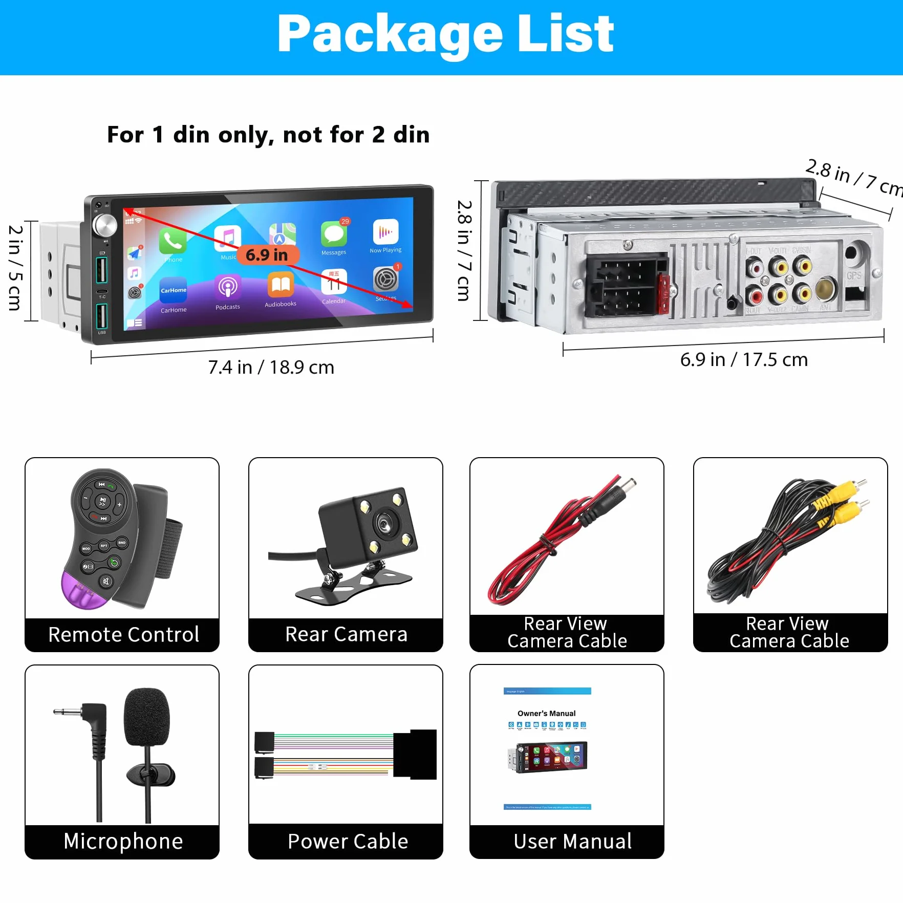 Radio samochodowe Bluetooth 1 DIN z funkcją CarPlay i Android Auto, z ekranem dotykowym o przekątnej 6,9 cala, łącze Mirror Link/RDS FM Radio/USB/Type-C/Mikrofon/Kamera zapasowa/obsługa pilota