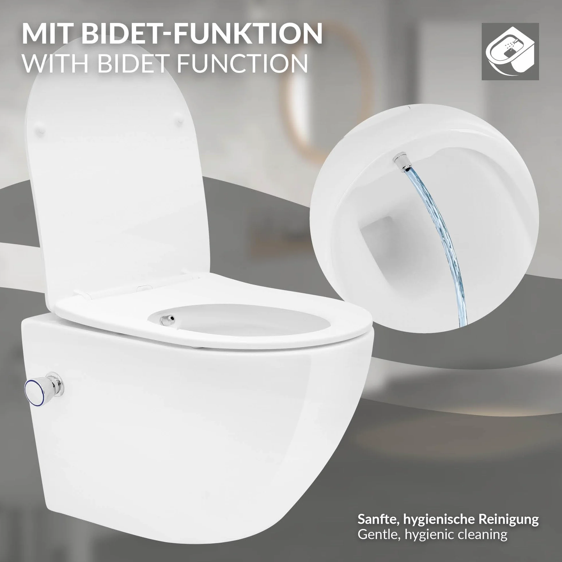 LuxeBath Toaleta podwieszana bez kolnierza kompaktowa 49 cm biala z funkcja bidetu powloka nano ceramiczna z wyjmowana deska Duroplast z wolnym opadaniem efekt lotosu latwa w utrzymaniu czystosci