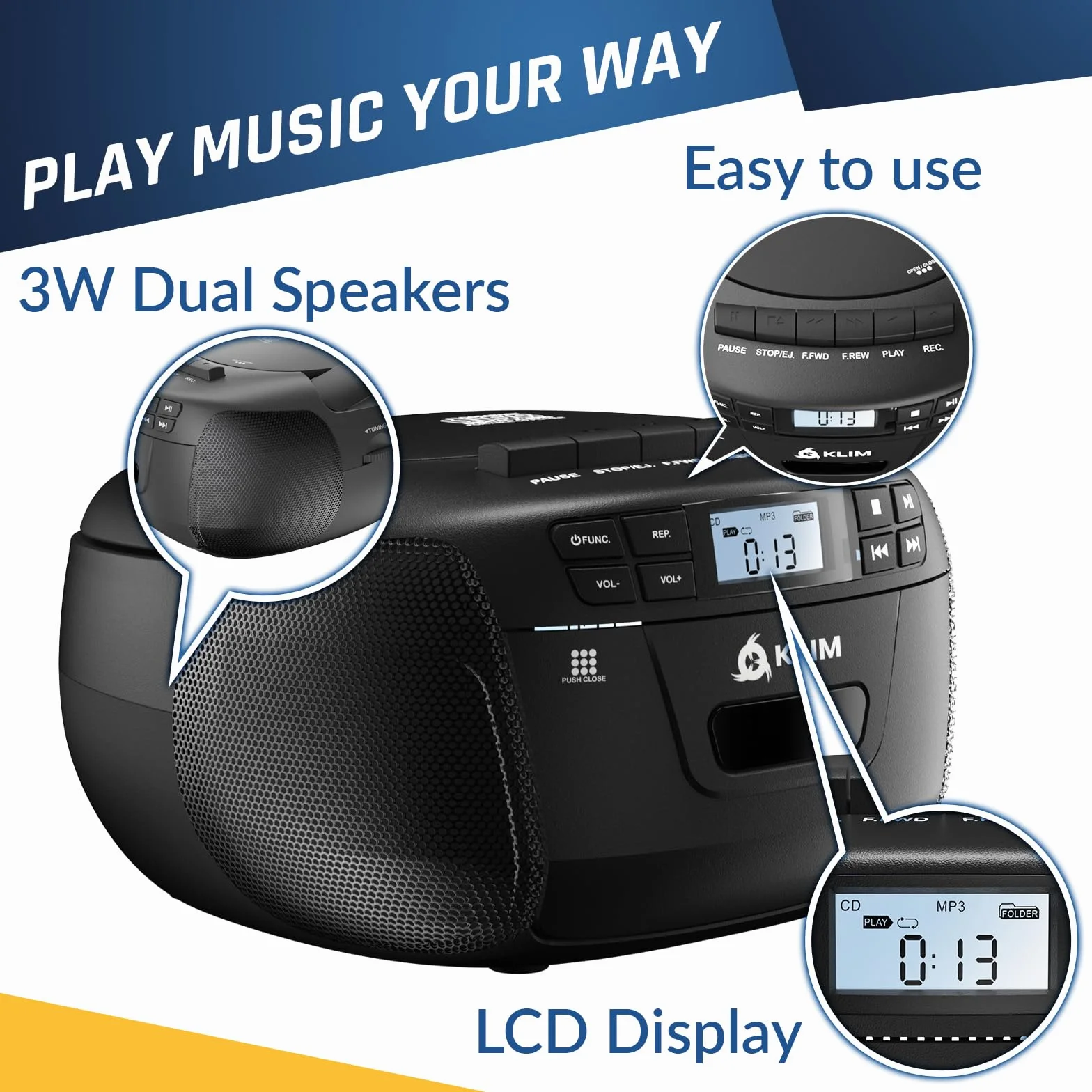 KLIM Odtwarzacz CD + odtwarzacz kasetowy audio, radio AM/FM, radio Bluetooth, odtwarzacz CD stereo, pilot zdalnego sterowania, nagrywanie na taśmie, dysk USB, AUX, radio stereo, dom, zasilanie AC/DC
