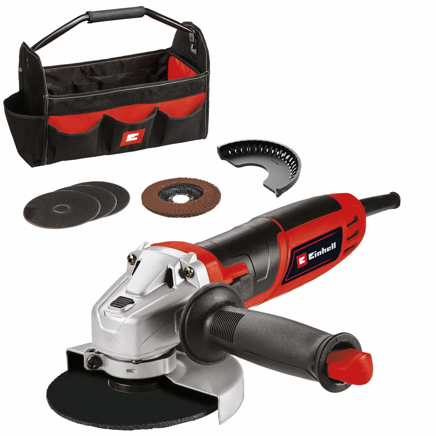 Einhell Szlifierka kątowa TC-AG 125/850 (850 W, 12 000 min-1, maks. gł. cięcia 28 mm, maks. średnica tarczy 125 mm, w tym 3 x tarcze tnące, 1x lamelowy talerz szlifierski i 1x torba Einhell Bag)
