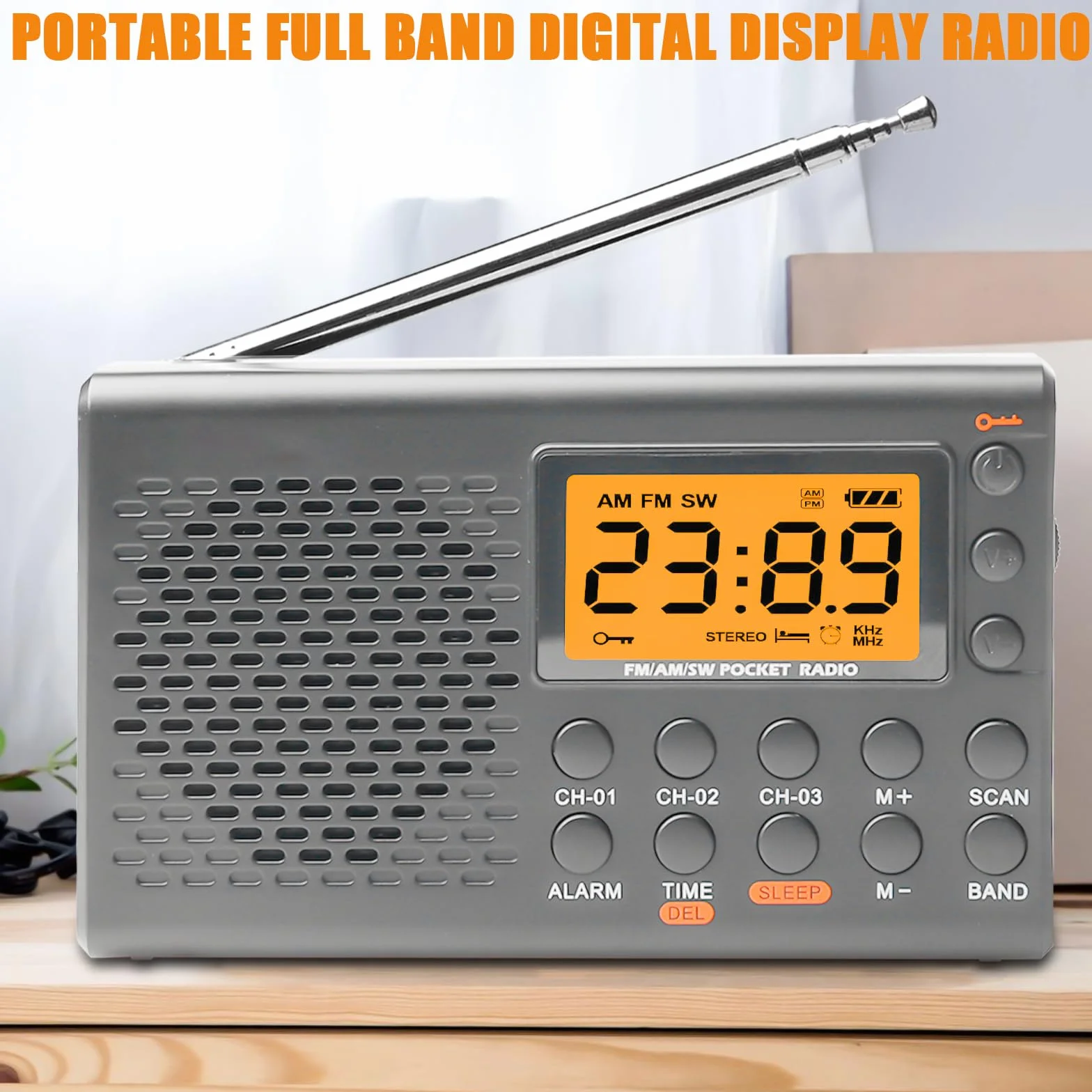 Przenośne radio AM FM SW z wyświetlaczem LCD, małe radio walizkowe, 35 ustawień wstępnych