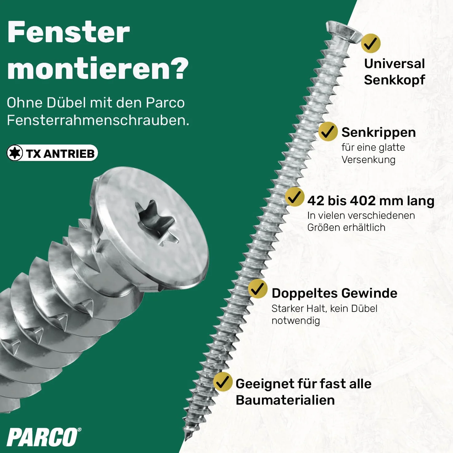 PARCO 604TOP75X42 wkręty do ram okiennych 7,5 x 42 mm, łeb wpuszczany, Torx TX30, 100 sztuk, srebrne