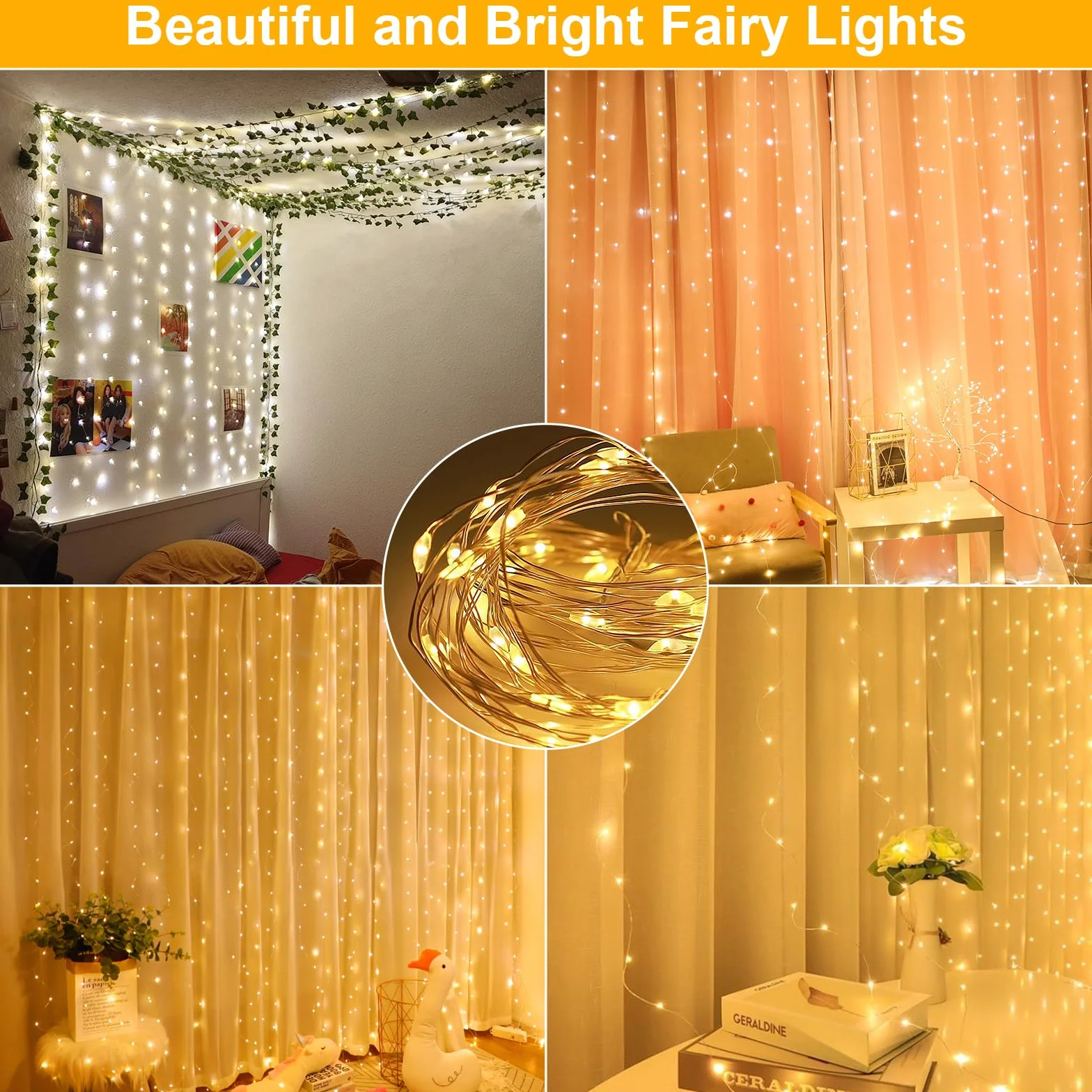 Kurtyna świetlna, ciepła biel, 200 LED, 2 x 2 m, łańcuch świetlny LED, kurtyna świetlna, na Boże Narodzenie, wesele, okno, ścianę, pokój, imprezę, dekoracja