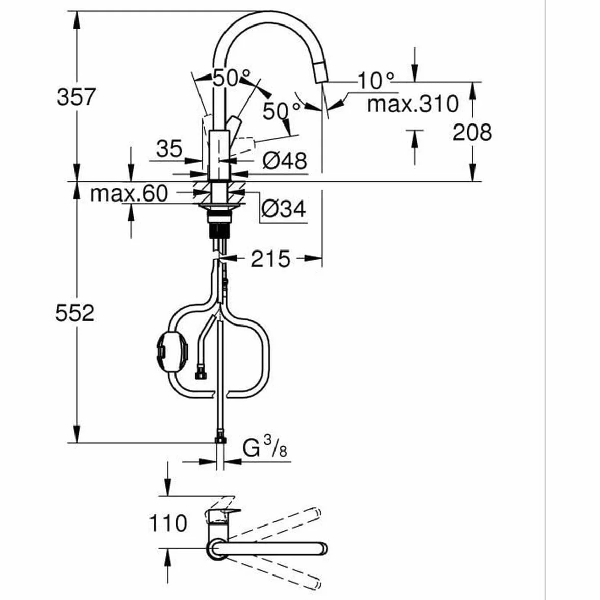 GROHE Start Edge 30550000 bateria kuchenna z wyciąganą wysoką wylewką, kształt C, obracana o 360°, instalacja QuickFix, ekologiczny ogranicznik przepływu, chrom