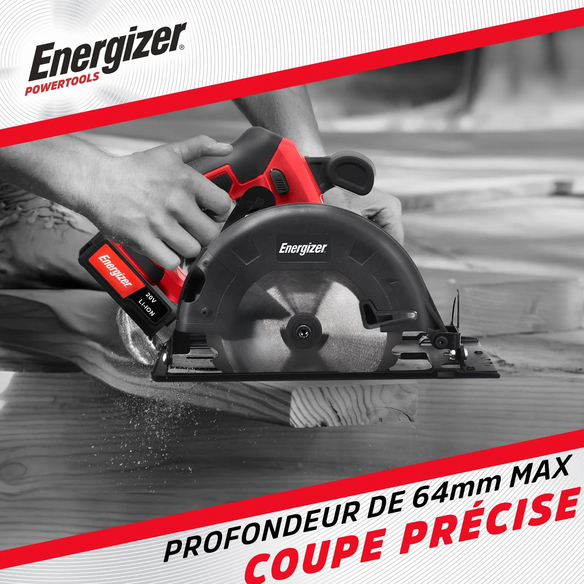 Energizer - akumulatorowa piła tarczowa 20 V (Baterie w zestawie) - 4000 RPM - ostrze 165 mm/cięcie do 45 mm (33 mm do 45°) - szyna ślizgowa + klucz zmiany biegów + ostrze do drewna w zestawie