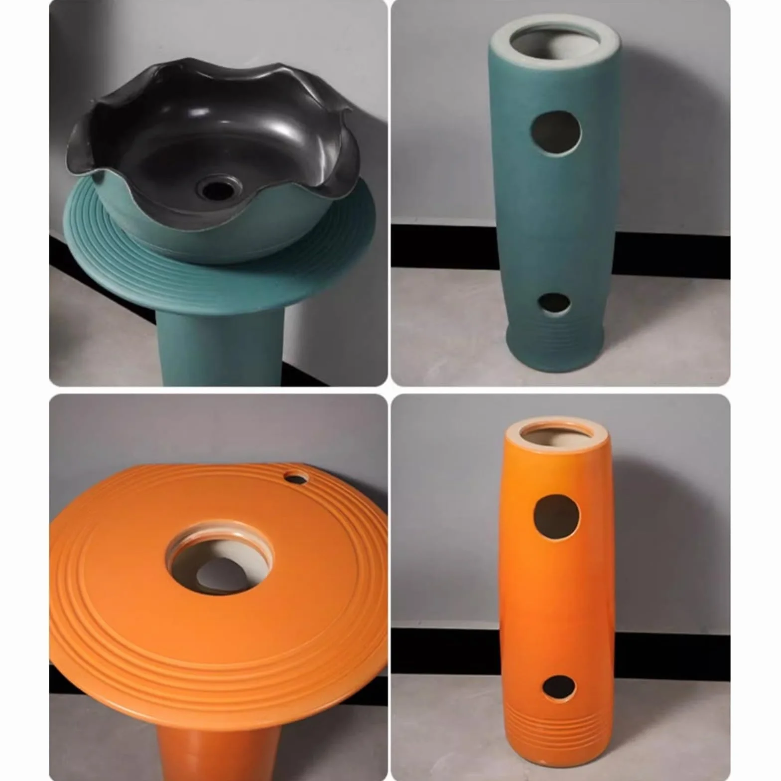 Umywalka Kolumnowa Z Falbaną Na Krawędzi, Zabytkowa Ceramiczna Umywalka Łazienkowa Na Postumencie, Stojąca Umywalka Nablatowa Do Użytku Wewnątrz I Na Zewnątrz(Pomarańczowy-002)