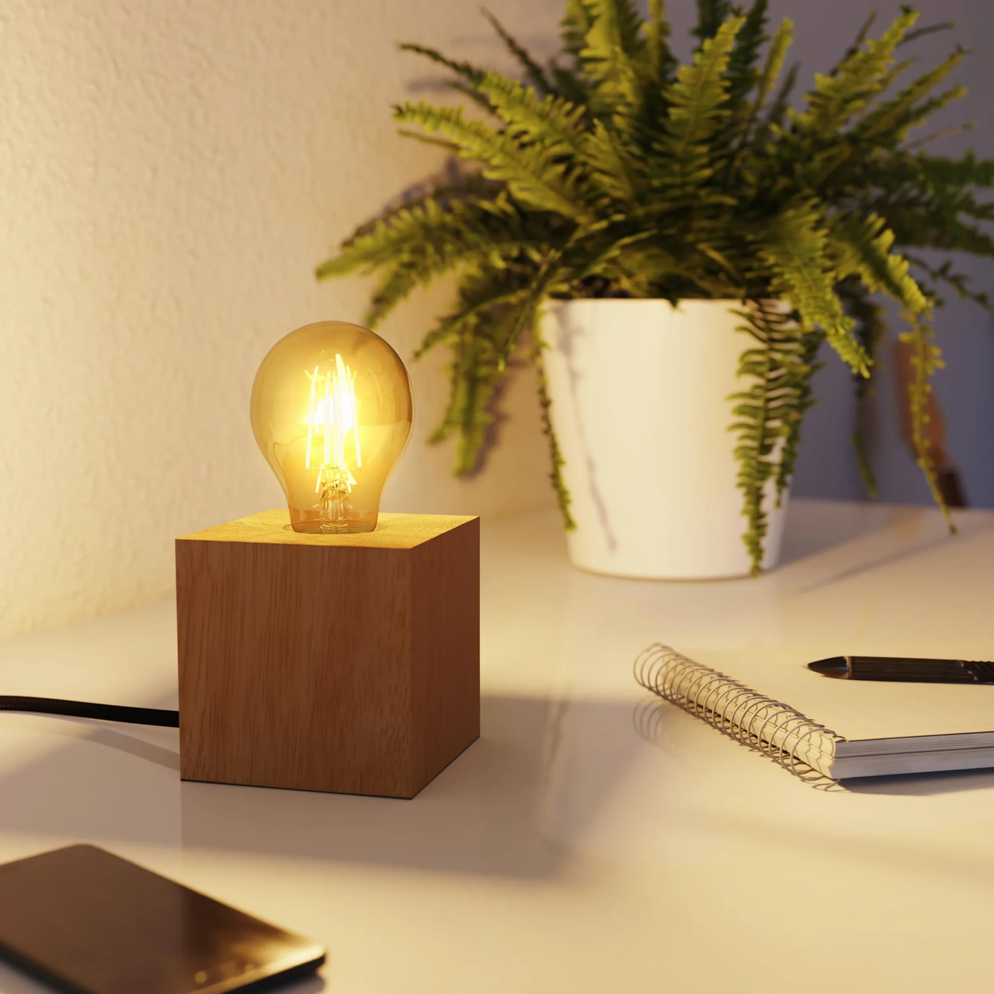 ledscom.de 2x lampa stołowa HITO, z litego drewna, prostokątna, z zasilaniem USB, w zestawie żarówka E27 w kolorze złotym, 471 lm, bardzo ciepła biel