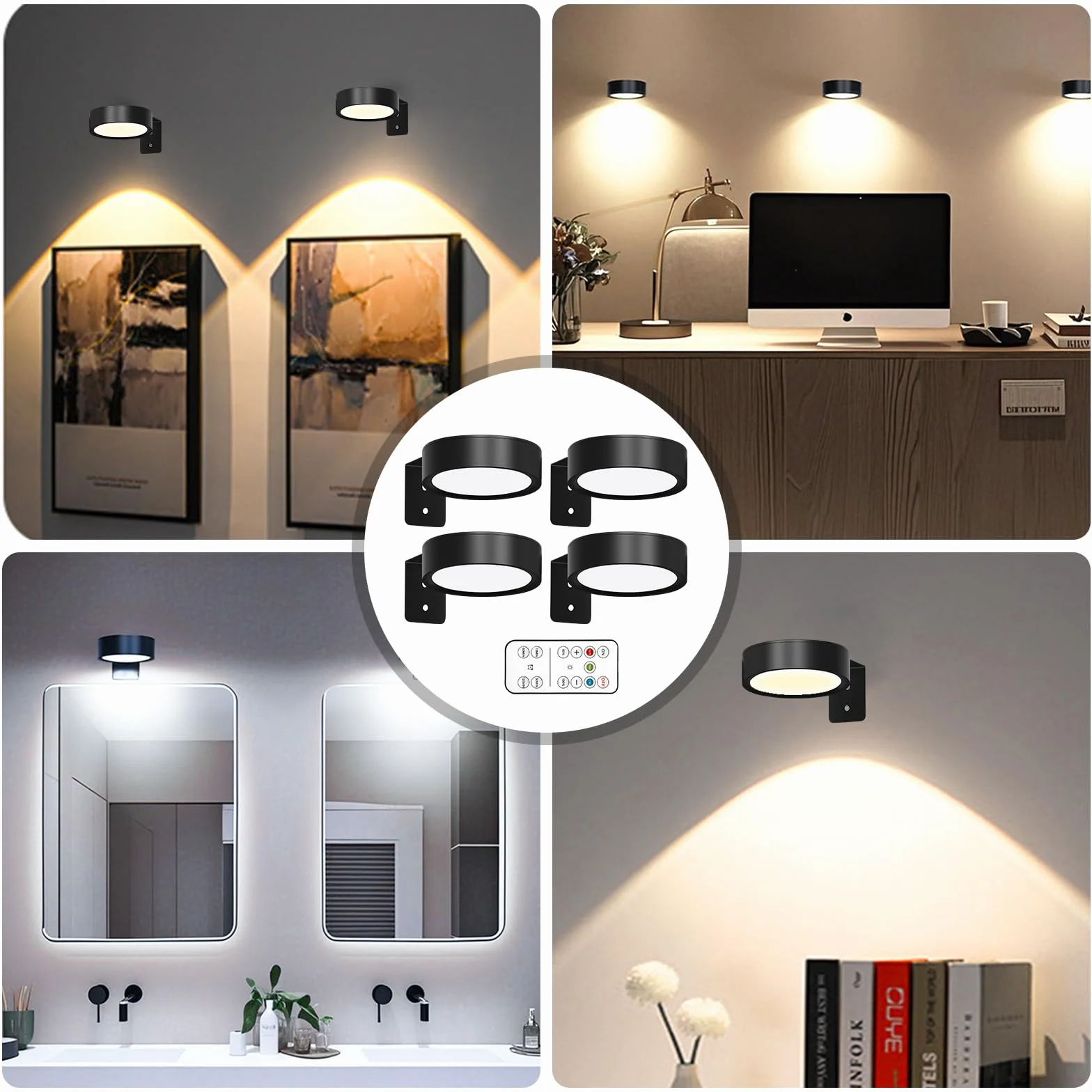 4 sztuki lamp na baterie z pilotem zdalnego sterowania, lampa magnetyczna do obrazów, 3 kolory oświetlenia, lampa ścienna LED na tablice, cel, ramka na zdjęcia