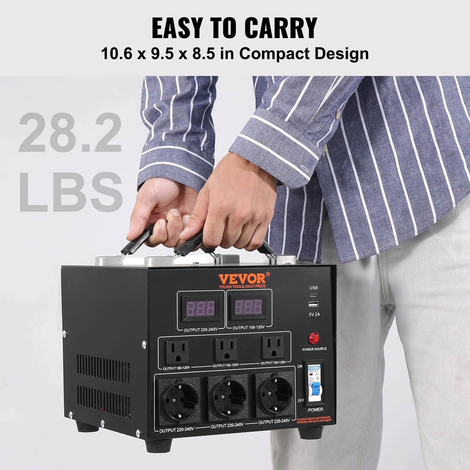VEVOR Transformator napięcia 5000 W AC 110 V 220 V transformator 3 x US NEMA 5-15R 3-biegunowy / 3 x europejskie gniazda wyjściowe Shucko, 1 x złącze USB 5 V i 1 x gniazdo typu C