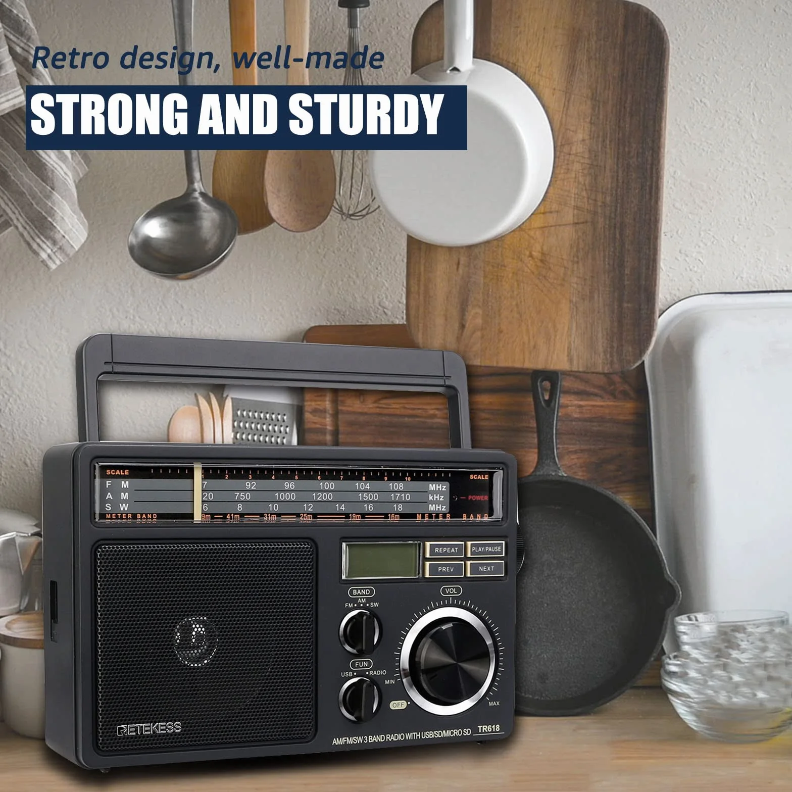 Retekess TR618 Przenośne Radio FM AM SW Analogowe Krótkofalowe USB SD/TF Gniazdo Słuchawkowe Zasilanie Sieciowe Akumulator Ciemnoszary
