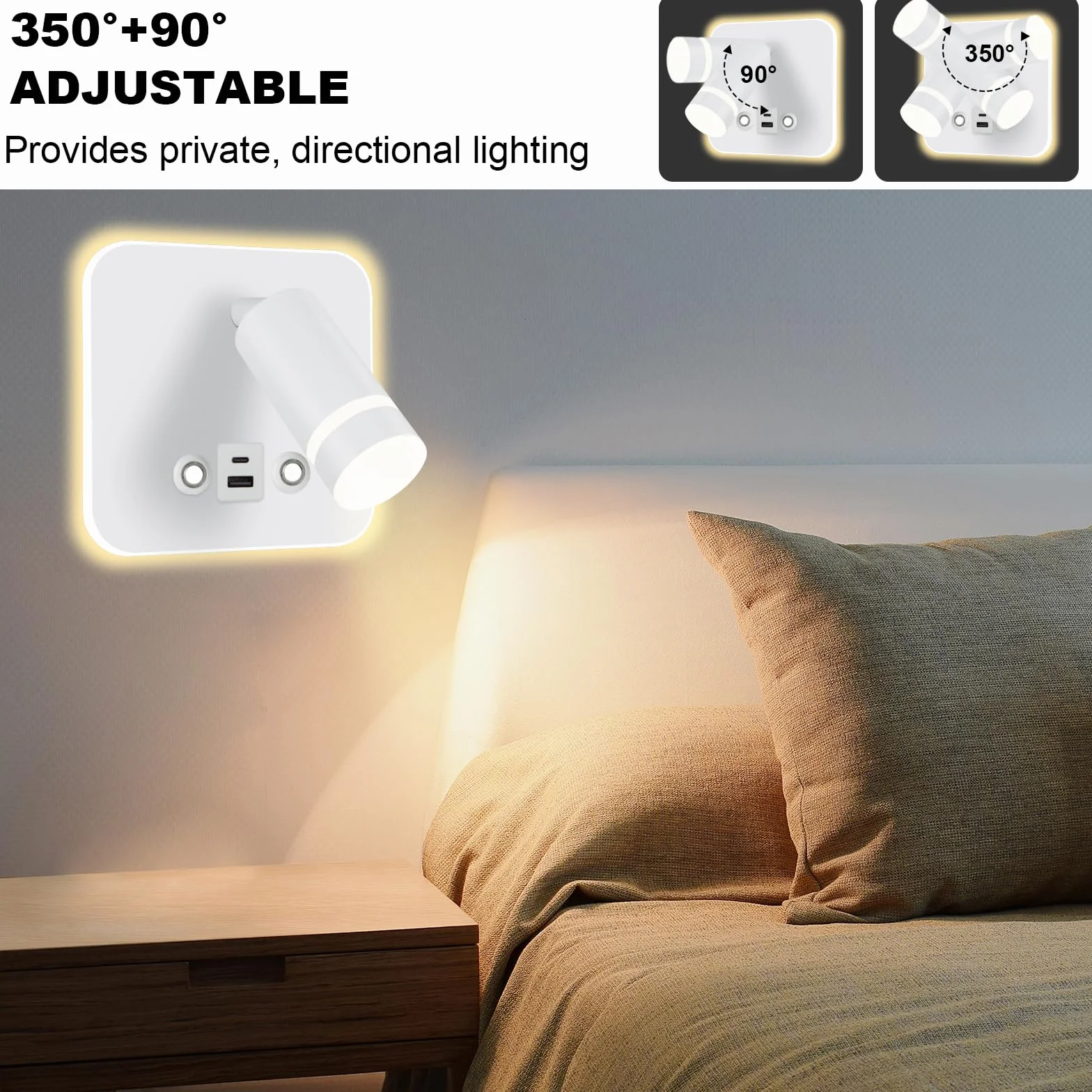 HUIZHOU Lampa do czytania Lampa ścienna LED Sterowanie dotykiem 3-kolorowe temperatury i 12W Port ładowania USB 350° Obrotowe łóżko Światło do czytania Salon i sypialnia (Biały kwadrat)