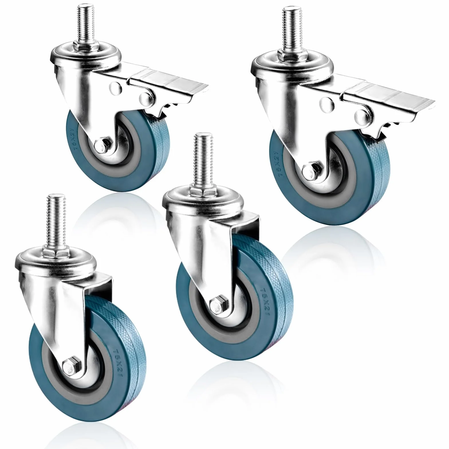 Zestaw 4 ciężkich kół skrętnych z hamulcem, gwint M10 12 x 30 mm, kółka do transportu mebli i wózków, do zastosowań przemysłowych i przeładunkowych