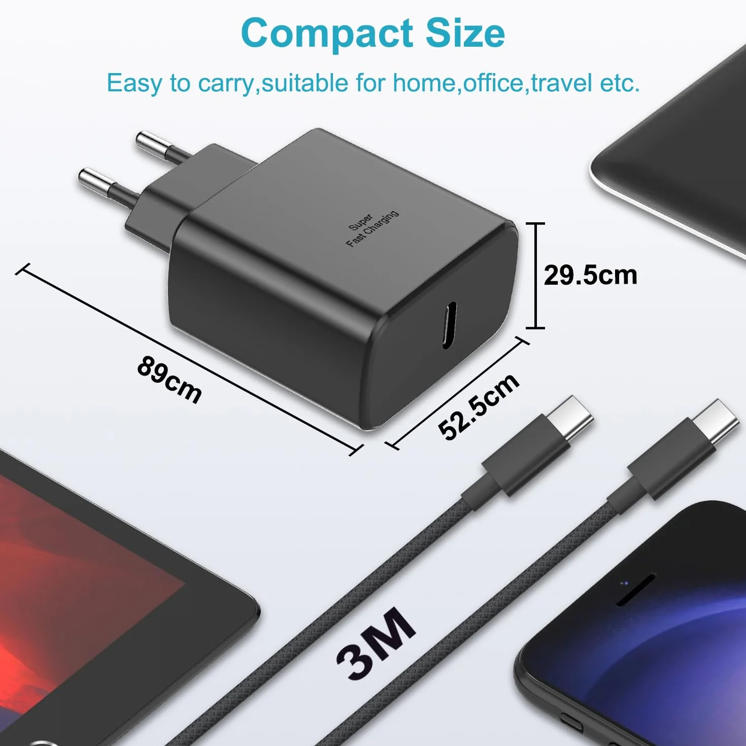 Ładowarka USB C 45 W do Samsung Galaxy S25 S24 S23 S22 S21 S20 Note20 A73 A53 S10, Kabel USB-C 3M Nylon