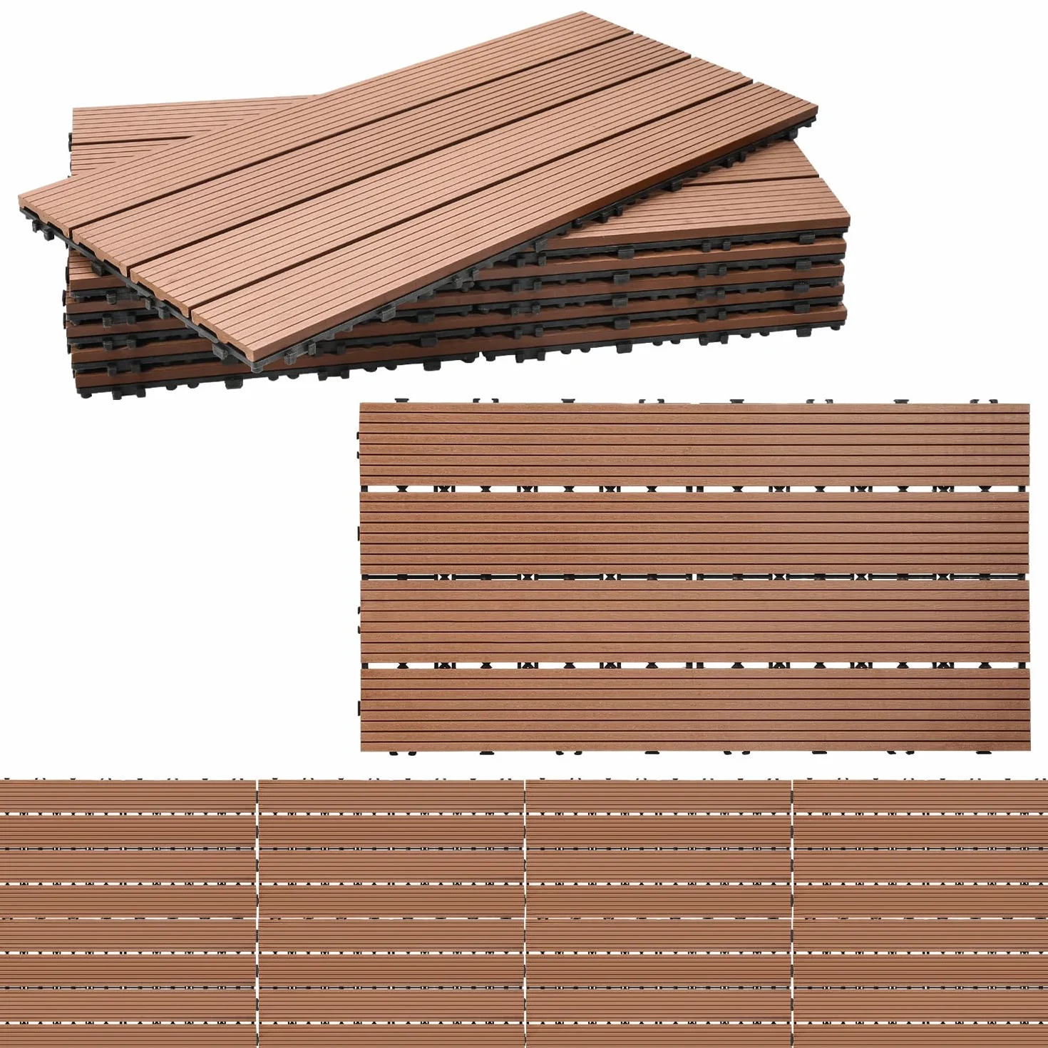 Płytki tarasowe WPC 30x60 cm, 36 sztuk /6 m², płytki WPC na balkon, wodoodporne i antypoślizgowe, z drenażem i systemem zatrzaskowym, łatwe w układaniu, kolor brązowy