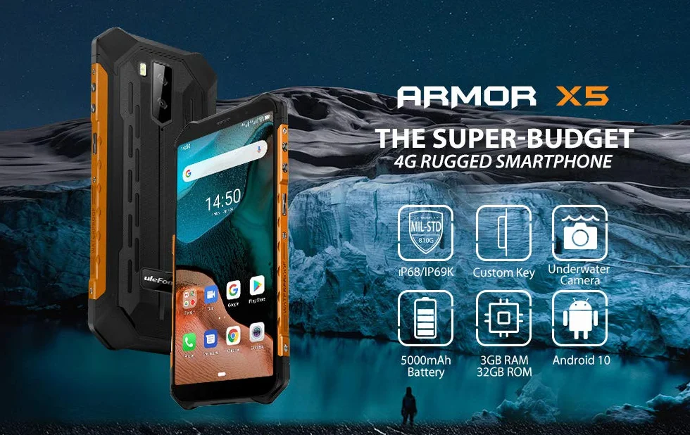 Ulefone Armor X5 Smartfon 4G Android 10 Octa-Core 3GB RAM 32GB ROM 5,5" IP68 IP69K Dual-SIM 13MP+5MP+2MP 5000mAh