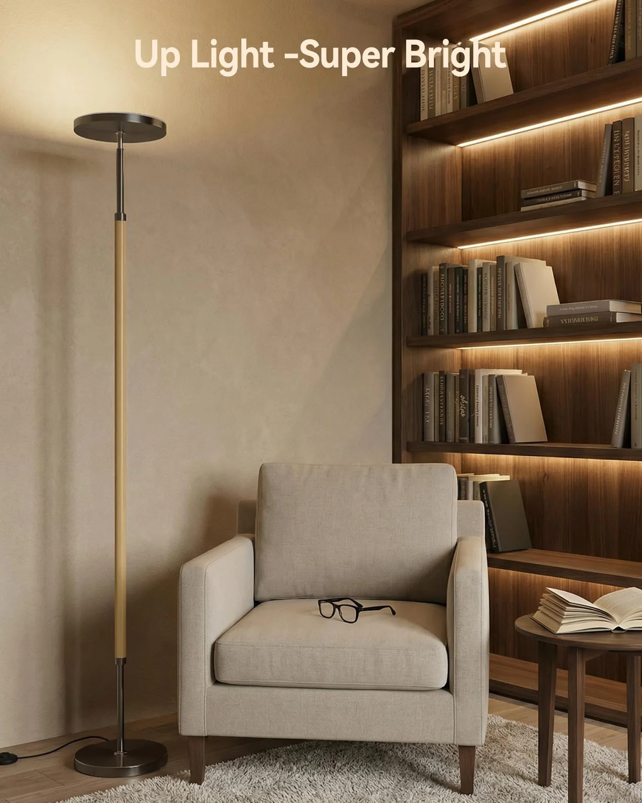 JOOFO Drewniana lampa podłogowa Torchiere, super jasna, bezstopniowa ściemniana, lampa stojąca LED, z pilotem zdalnego sterowania, regulowana temperatura barwowa 3000-6500 K, z timerem, do salonu