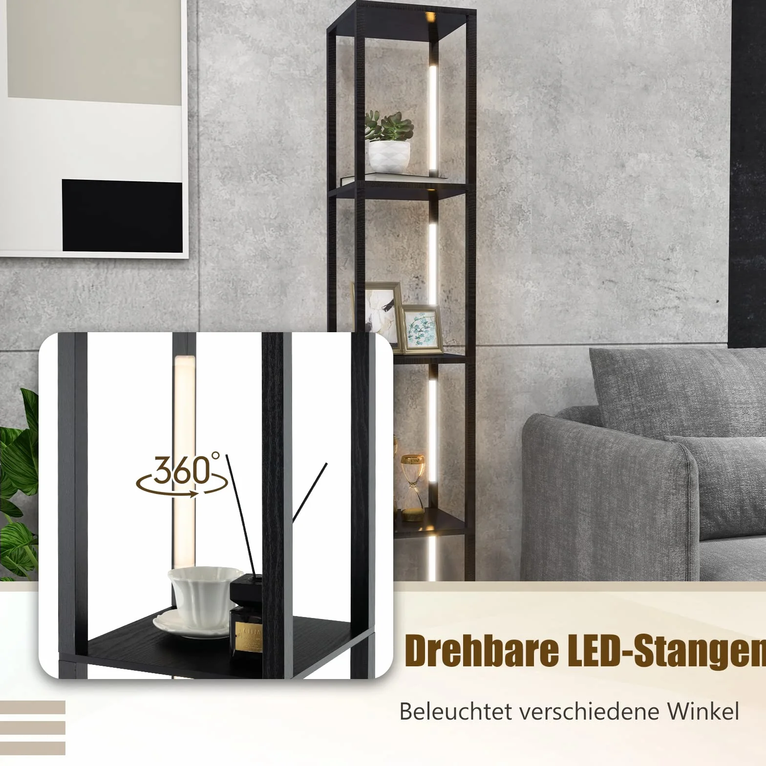 COSTWAY Lampa stojąca 163 cm, nowoczesna, regał do odkładania z 3-stopniowymi ściemnianymi diodami LED i obrotowymi drążkami, lampa stojąca z przełącznikiem nożnym do salonu, sypialni, czarna