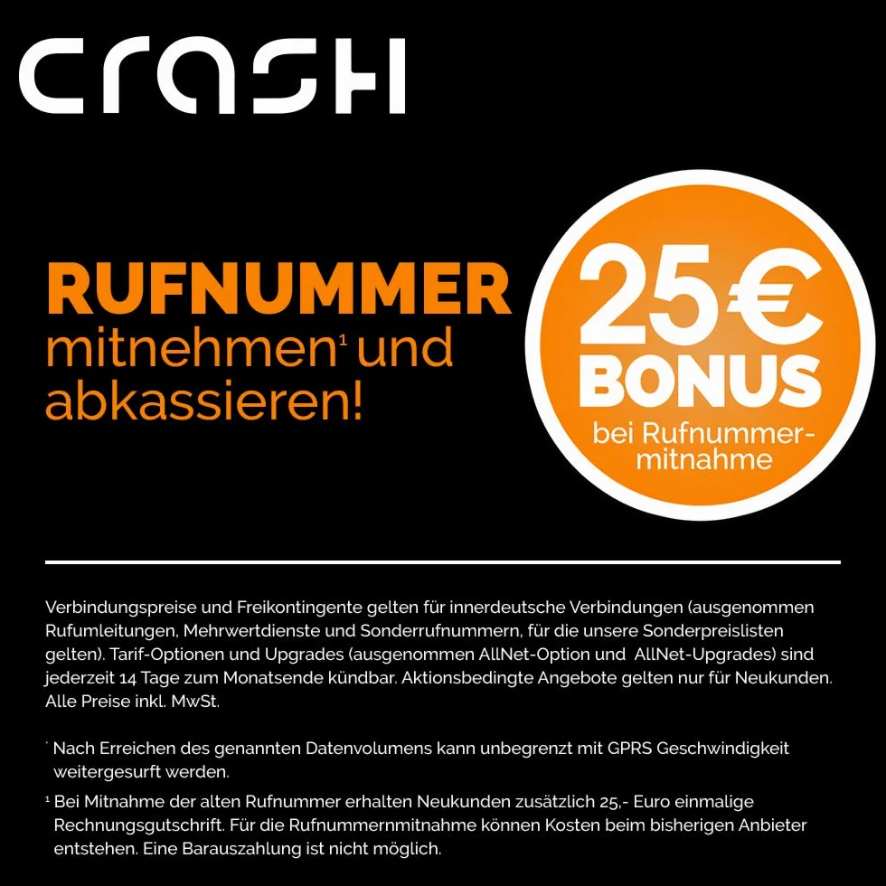 Crash Allnet Flat S 2 GB Internet 21,6 Mbit/s rozmowy SMS niemieckie sieci 24 miesiące 9,99 EUR