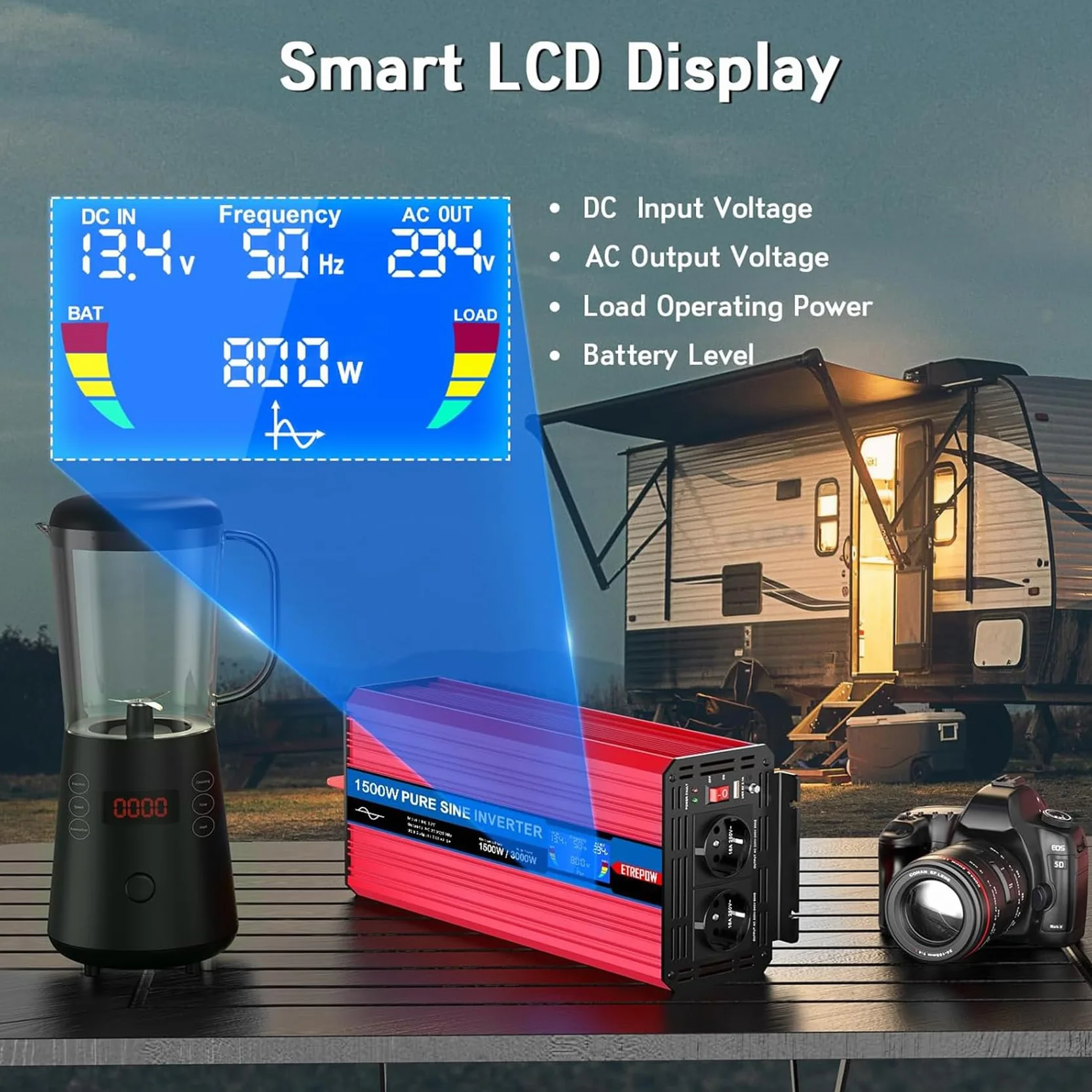 1500W Przetwornica 12v 230v Czysty Sinus z 2 gniazdami EU i bezprzewodowym pilotem, ekranem LCD, Falownikiem Nadaje się do użytku na zewnątrz, w domu, na kempingu, w kamperze