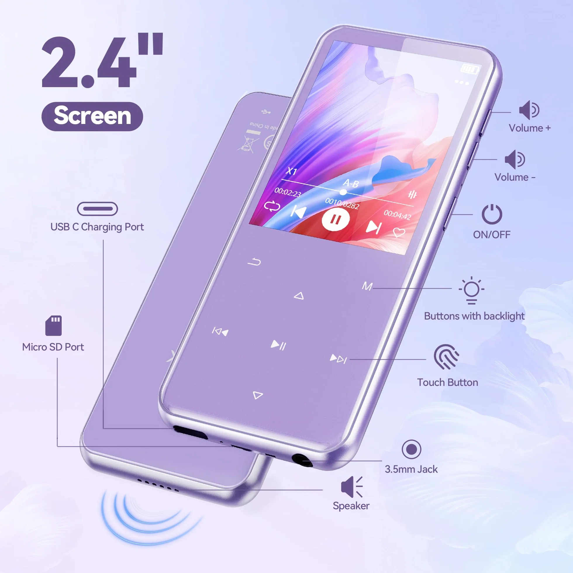 AGPTEK Odtwarzacz MP3 64 GB, Bluetooth 5.3, kolorowy ekran TFT 2,4", muzyka HiFi, odtwarzacz MP3 dla dzieci, z głośnikiem, przyciskami dotykowymi, radiem FM, e-bookiem, nagrywaniem, obsługa do 128 GB