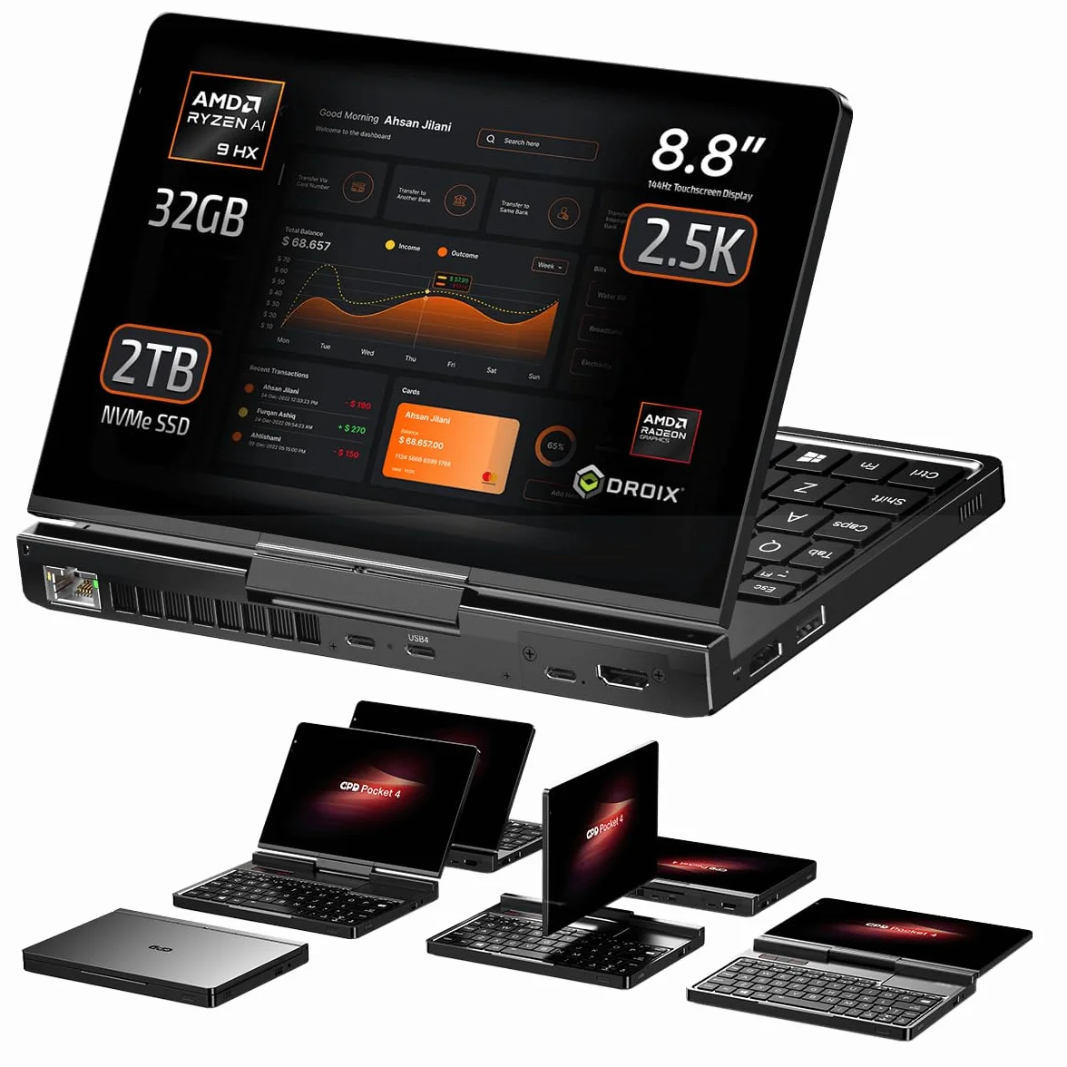 GPD Pocket 4 Mini Laptop AMD Ryzen AI 9 HX 370 Radeon 890M 32GB RAM LPDDR5X 2TB SSD PCIe Gen4 8,8" 2,5K 144 Hz Wi-Fi 6E Bluetooth 5.3